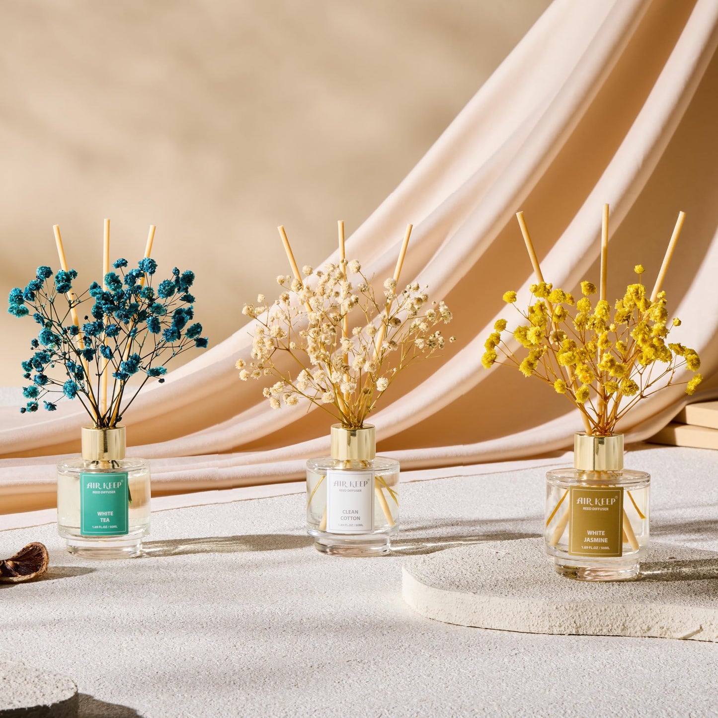 Airkeep Reed Diffuser Set of 3,Clean Cotton White Jasmine White Tea Oil Reed Diffusers for Bedroom