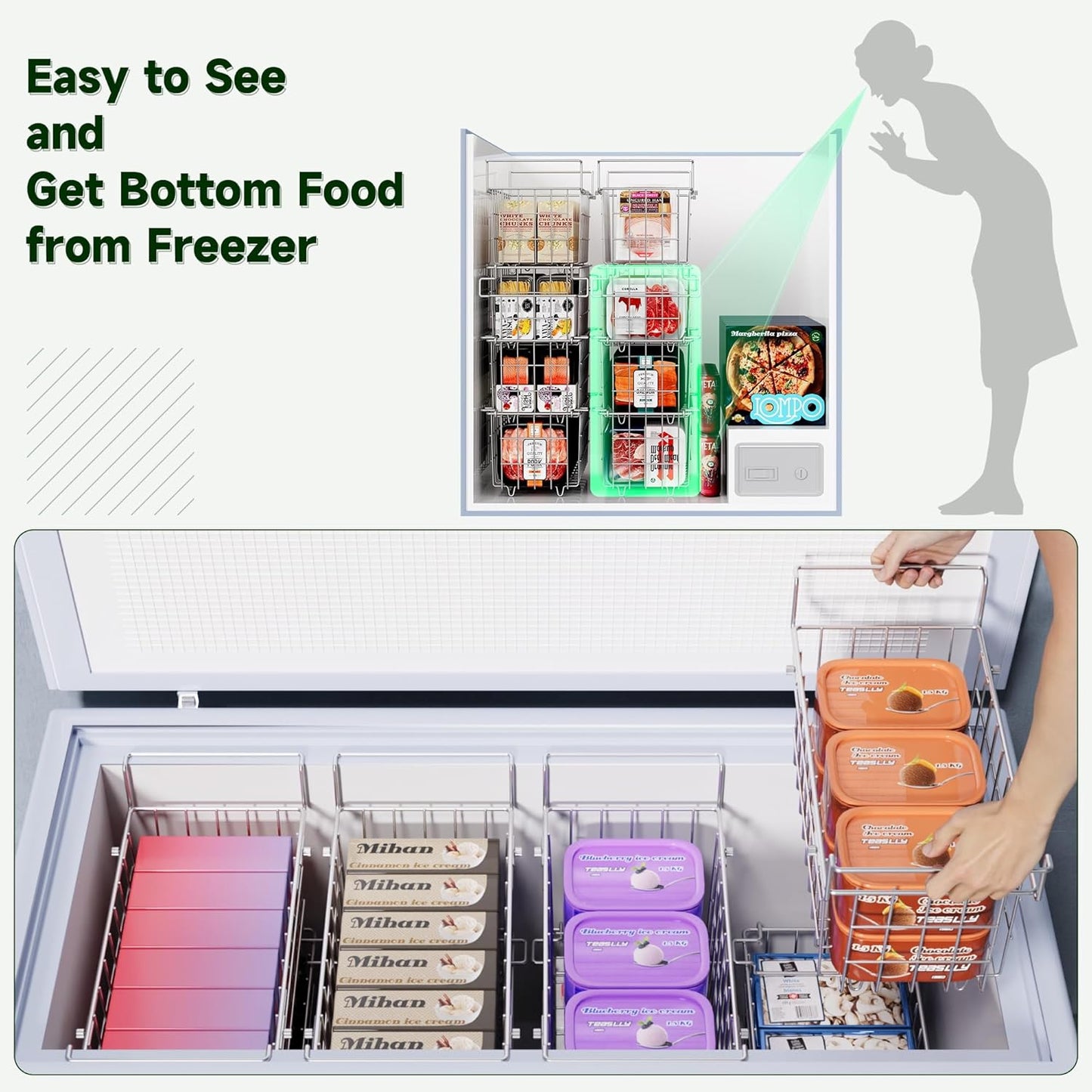 4-Pack Stackable & 1-Pack Hanging Chest Freezer Organizer Bins for 7 Cu.Ft Freezer