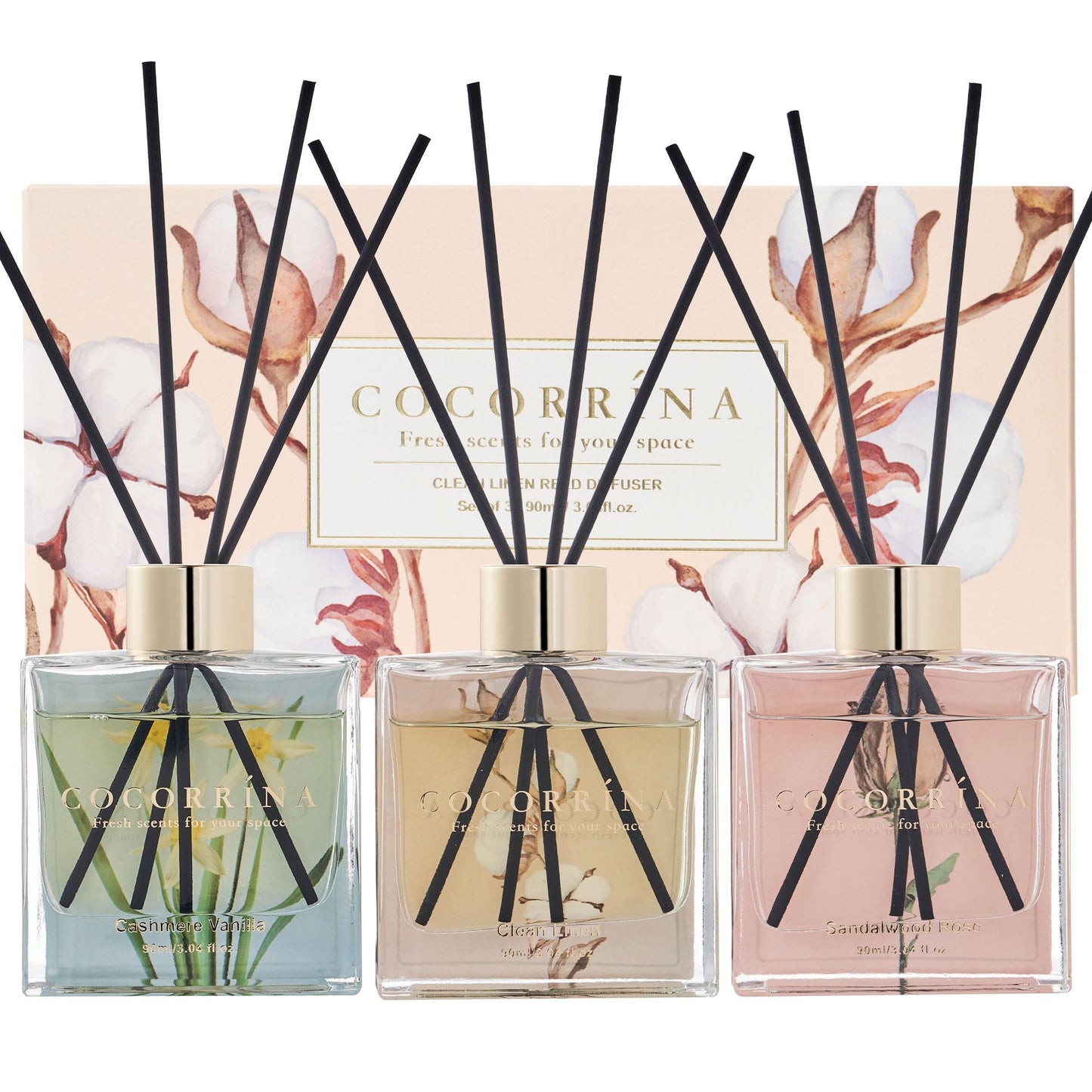 COCORRÍNA Reed Diffuser Set of 3-3 Pack/ 3.04 Fl.oz Diffuser with 24 Sticks Cashmere