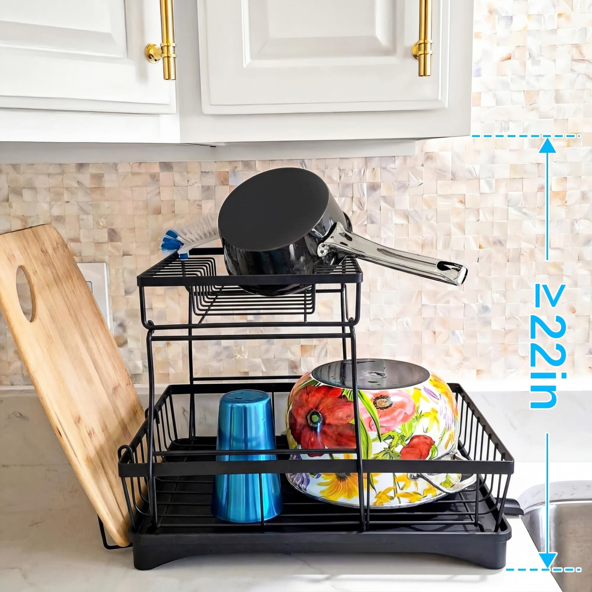 7 code 2-Tier Large Dish Drying Rack for Kitchen Counter, Black