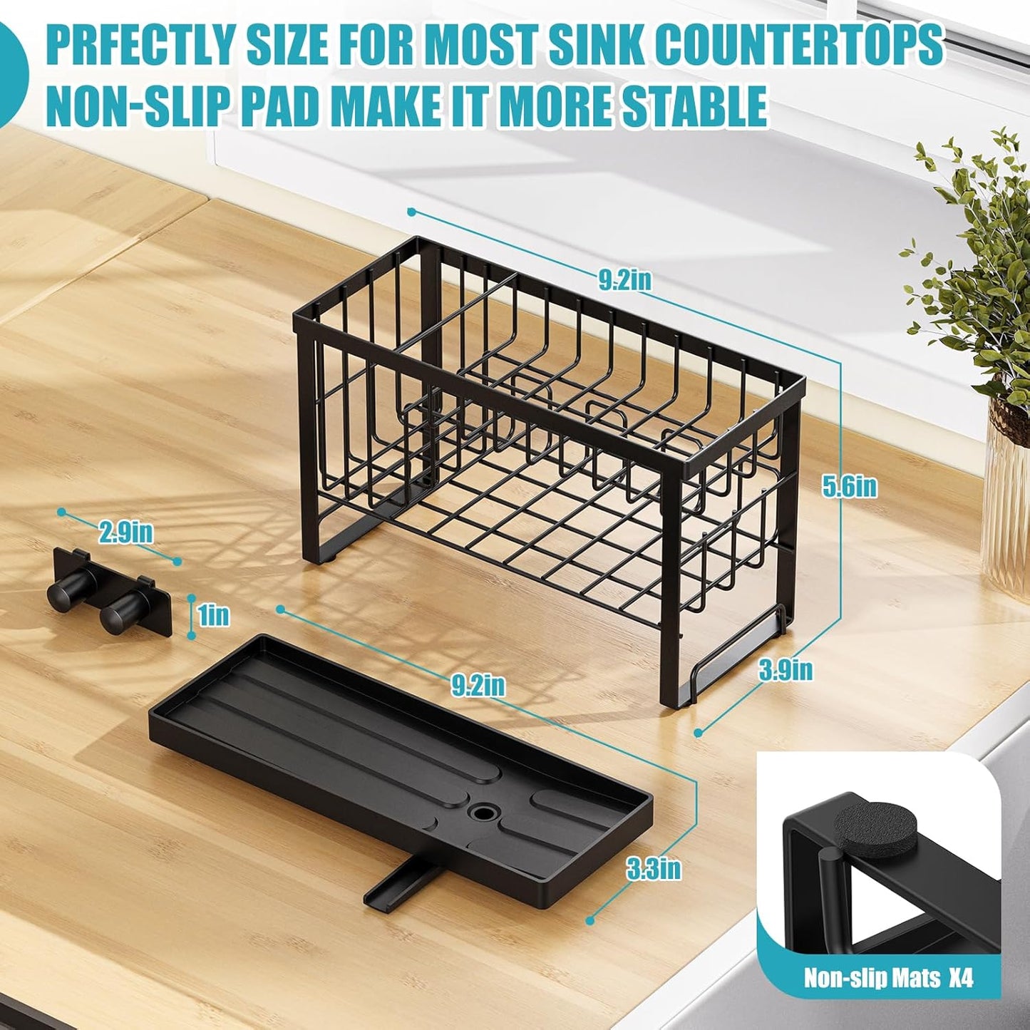 Sponge Holder for Kitchen Sink with Flexible Sink Caddy Smiley Face,2 Tier Kitchen Sponge Holder Countertop and Storage Essentials,Soap Dispenser Organize,Home Decor Accessories-Black