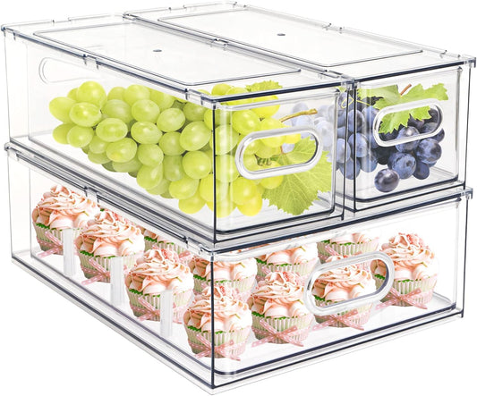 MineSign Set of 3 Stackable Refrigerator Organizer Bins Pull-Out Drawers for Fruit and Veggies Divided Storage Organizer for Fridge Clear Drawer Containers with Handle for Produce Saver, Eggs, Snack