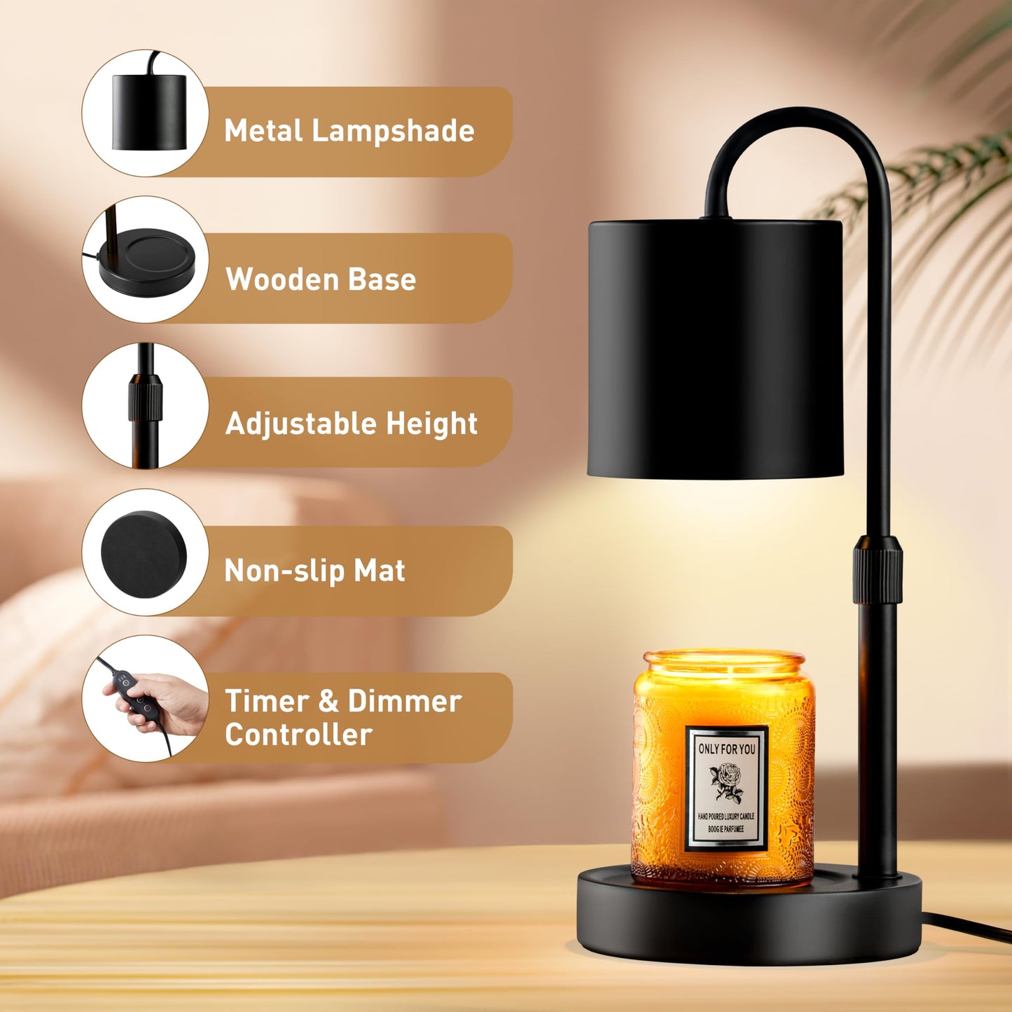 Briever Dimmable Candle Warmer Lamp with Timer, Height Adjustable Electric Candle Wax Warmer