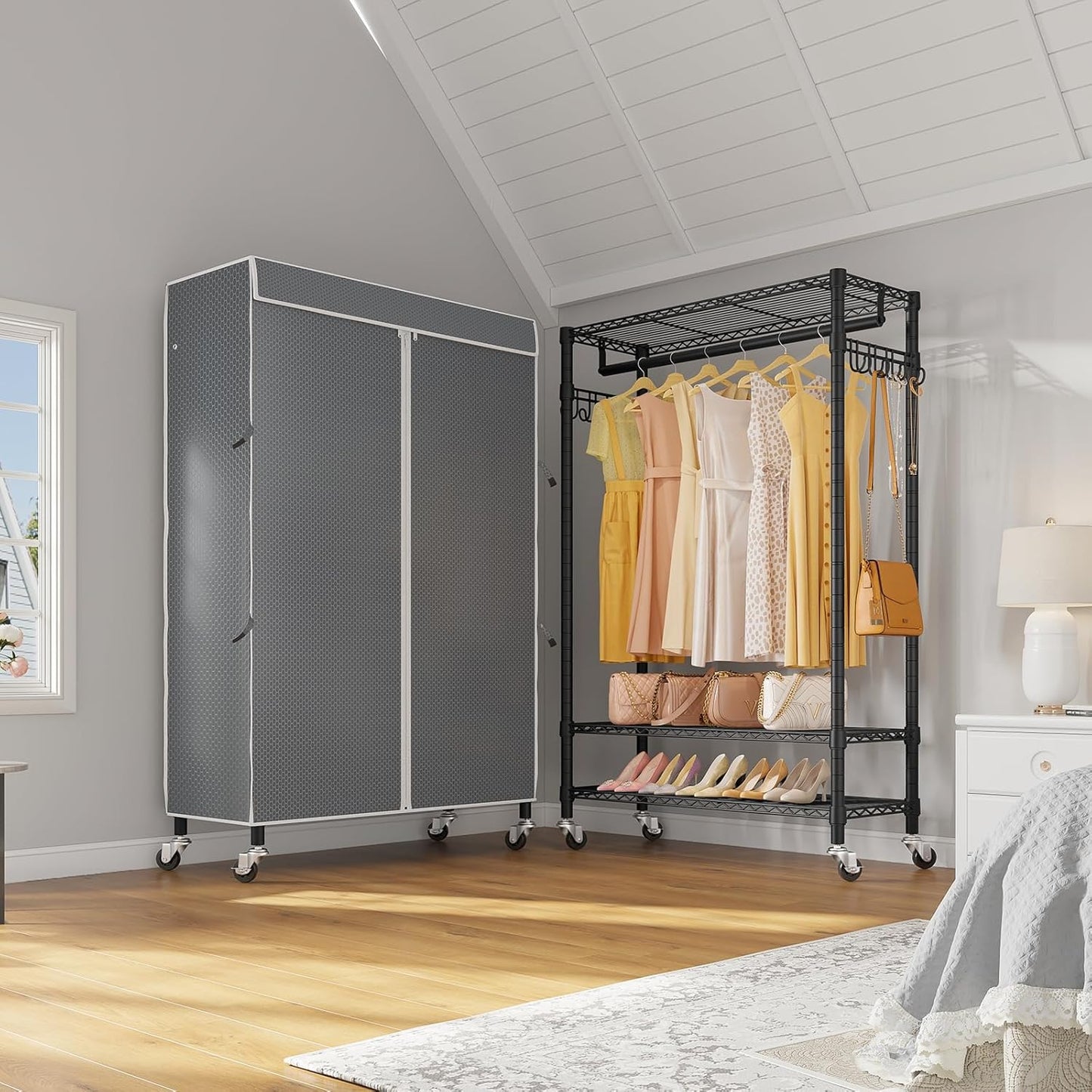 VIPEK R3C Rolling Clothes Rack with Cover Portable Closet for Hanging Clothes, Heavy Duty Garment Rack Clothing Racks with Wheels& Hanging Rod, Black Racks with Grey Upgraded Polyester Cover