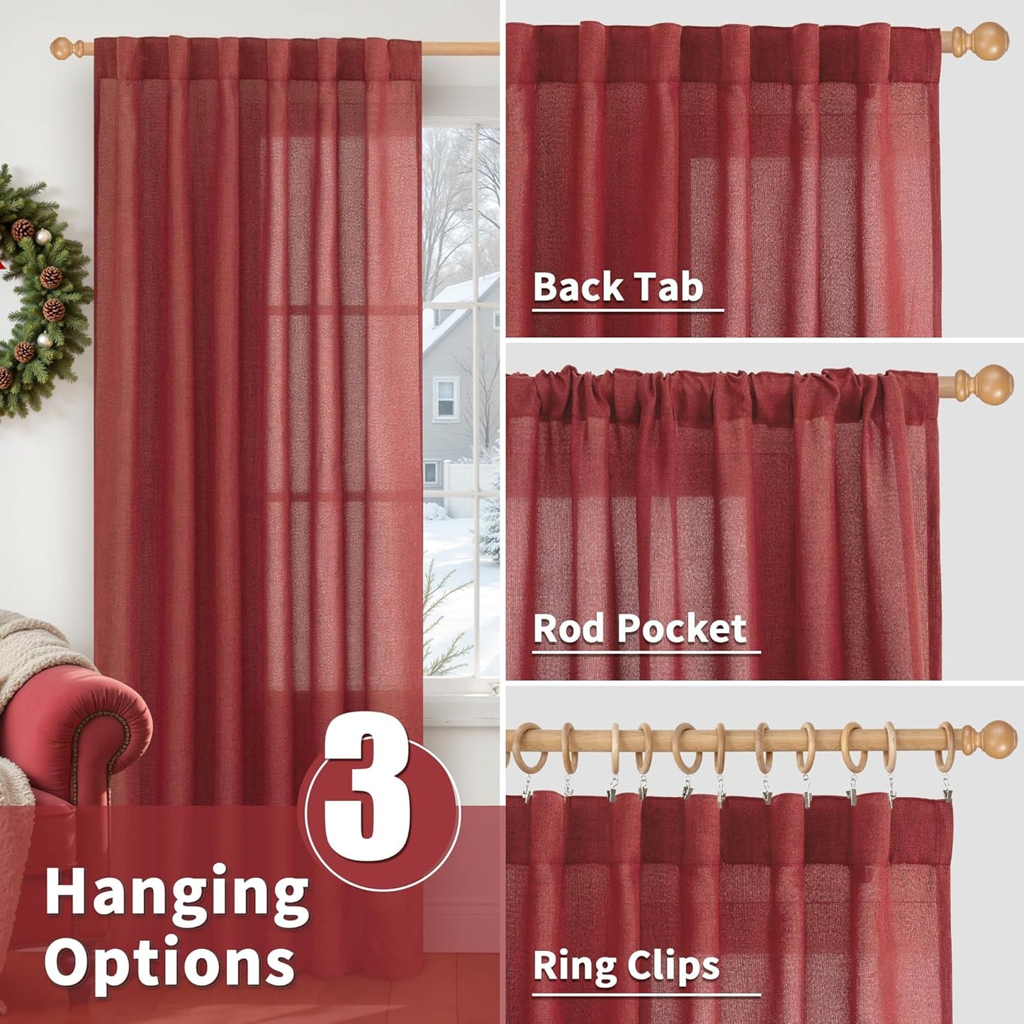 YoungsTex Red Linen Semi Sheer Curtains 72 Inch Length for Living Room - Light Filtering Drapes with Back Tab Rod Pocket Privacy for Bedroom Christmas Decor, 2 Panels, 52 X 72 Inch