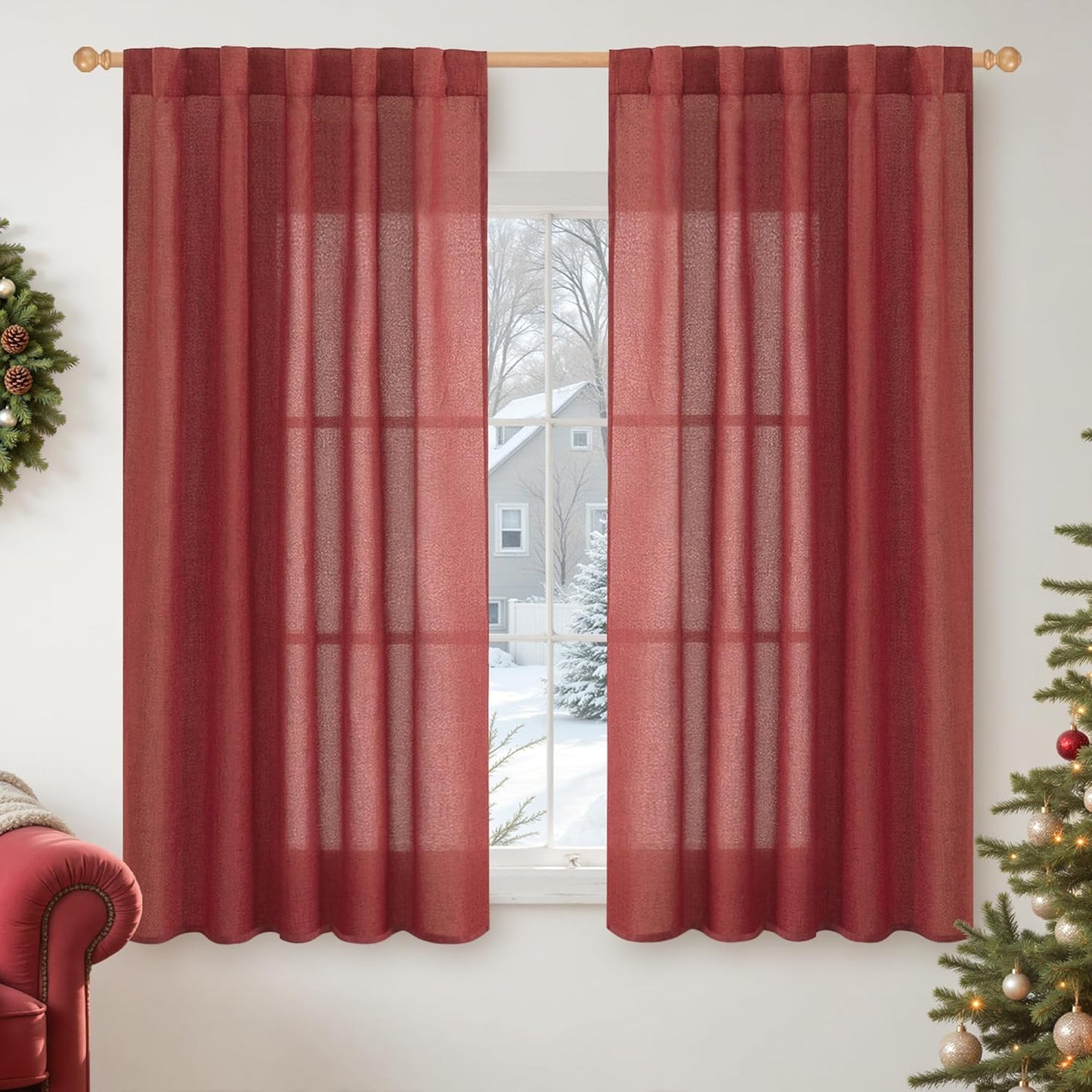 YoungsTex Red Linen Curtains 48 Inch Length for Kitchen, Short Semi Sheer Window Drapes with Rod Pocket Back Tab Light Filtering for Christmas Living Room Bedroom Bathroom, 2 Panels, 42 X 48 Inch