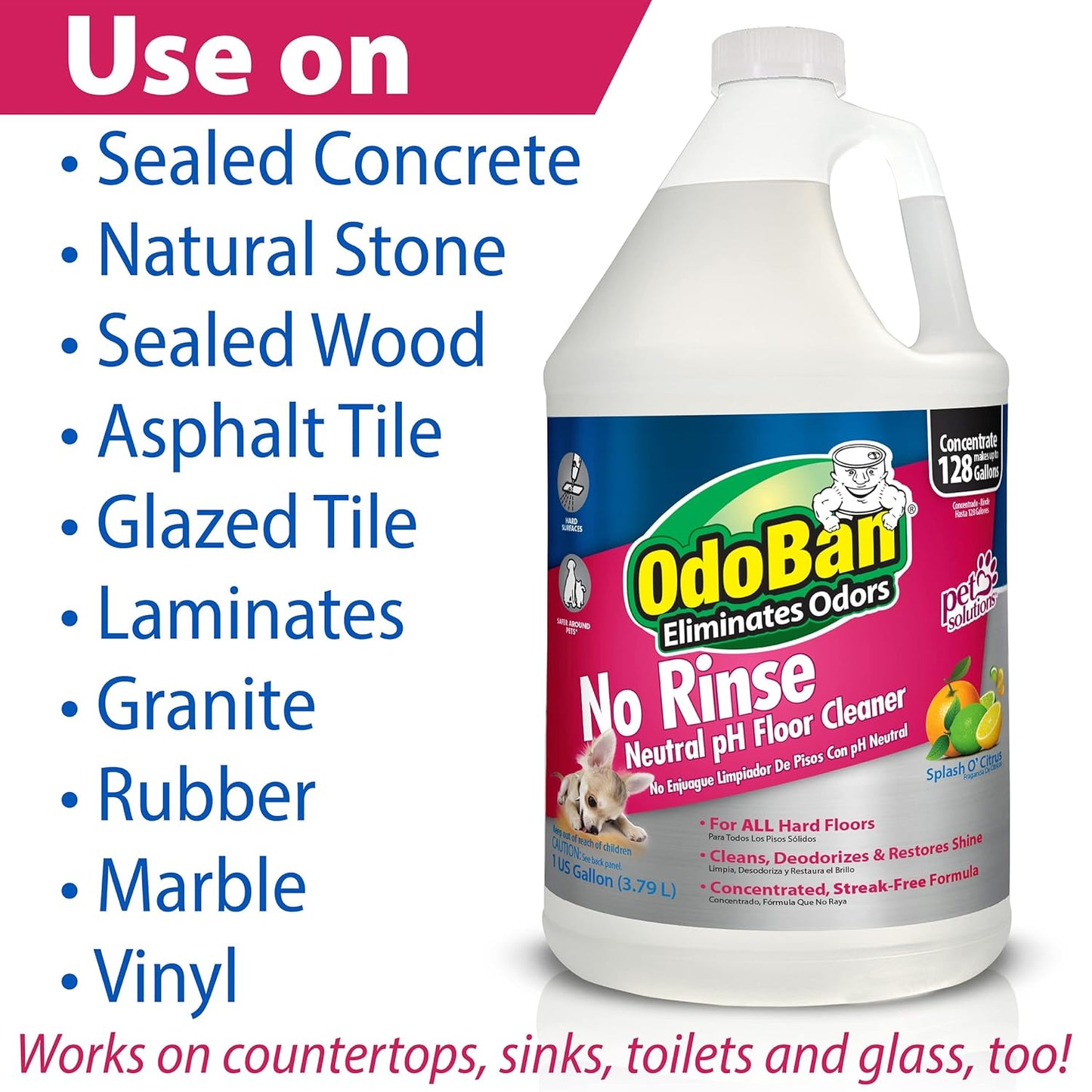 OdoBan Pet Solutions No Rinse Neutral pH Floor Cleaner Concentrate, Made in the USA, Splash O' Citrus Scent, 3 Gallons