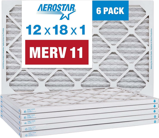 Aerostar 12x18x1 MERV 11 Pleated Air Filter, AC Furnace Air Filter, 6 Pack (Actual Size: 11 1/2" x