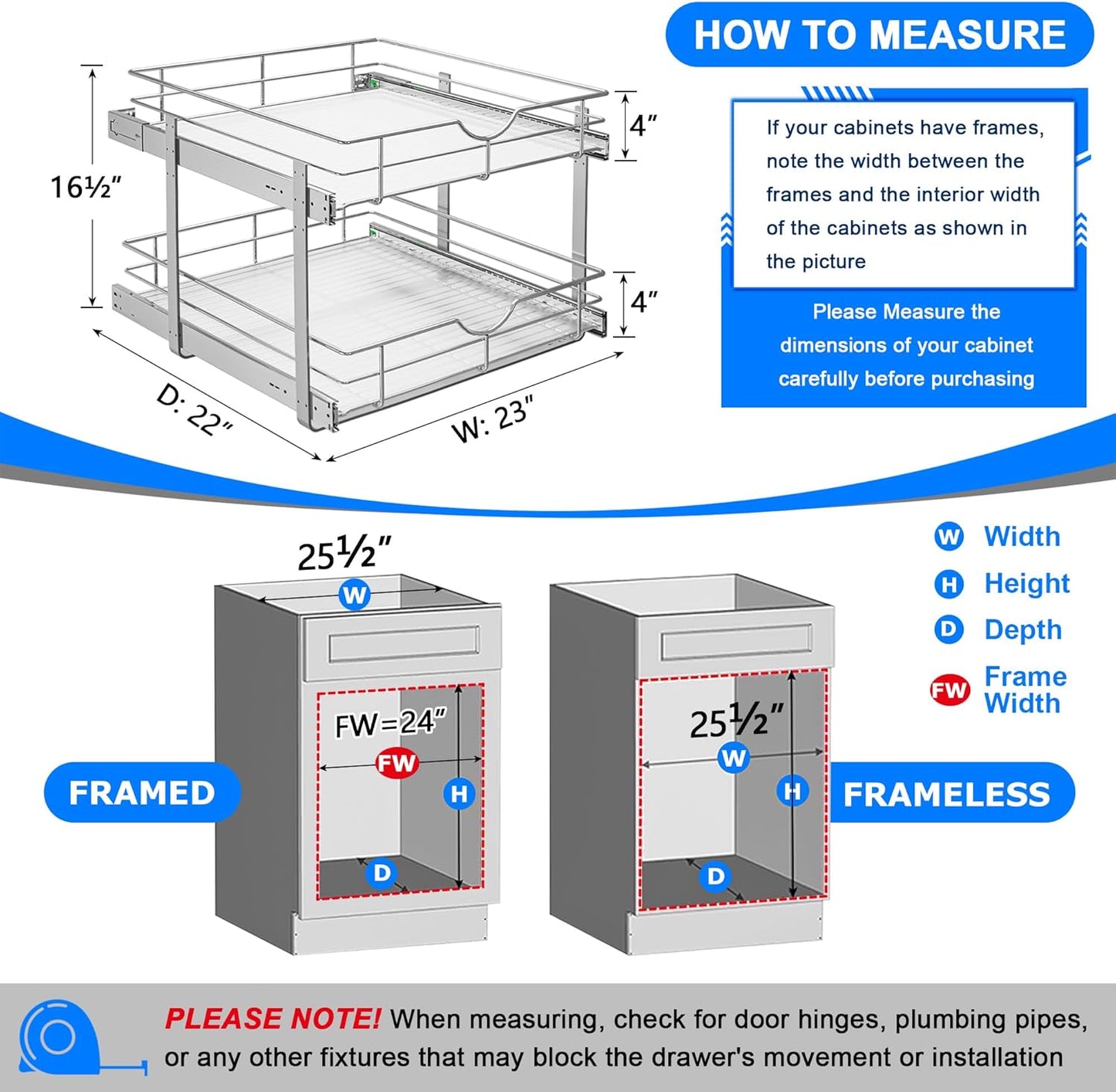 WelFurGeer 2-Tier Stainless Steel Pull Out Cabinet Organizer, Soft Close Damping Slides, Heavy Duty Chrome Plated Wire Basket with Shelf Liner, Perfect for Kitchen Cabinets, Pantry Storage, Under Sink
