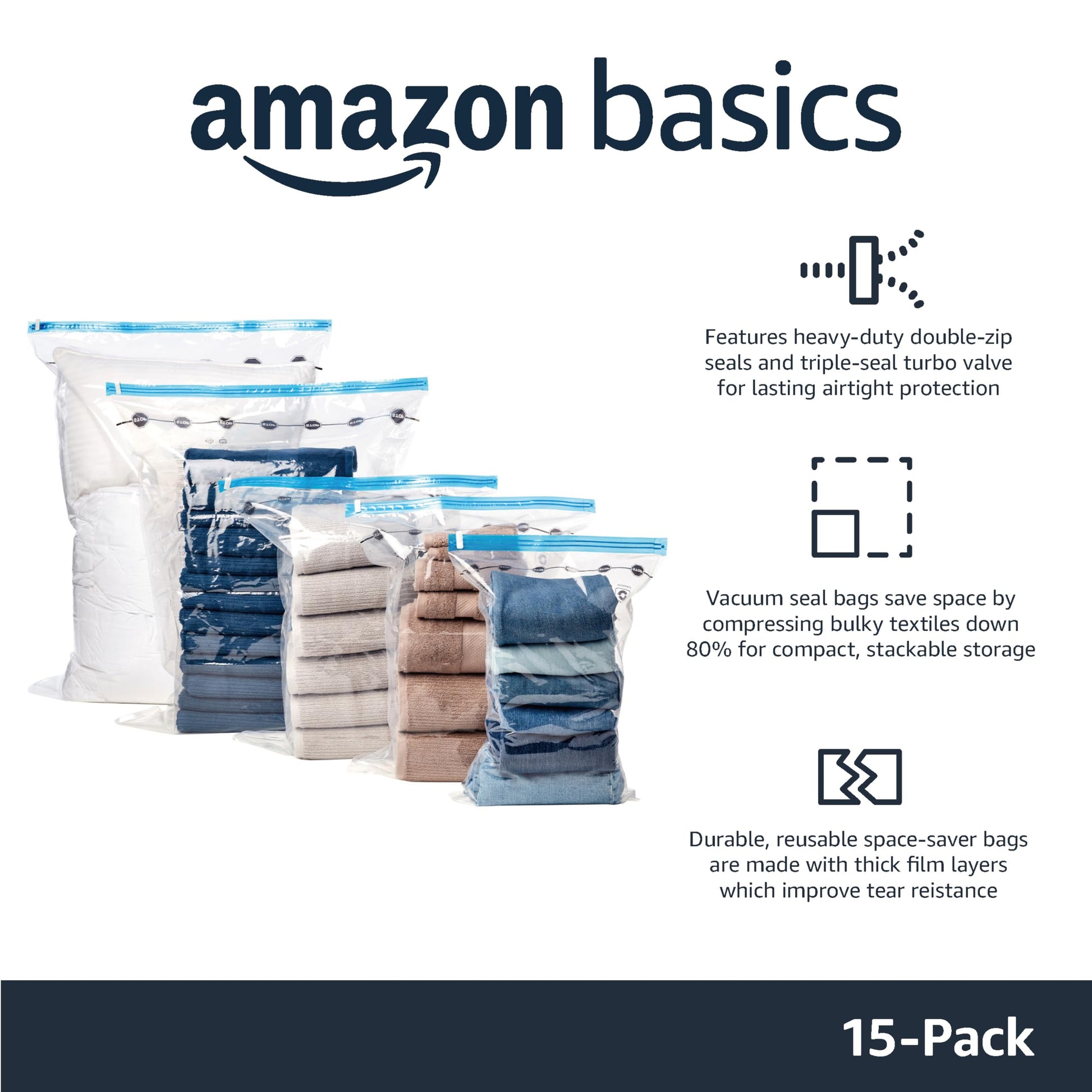 Amazon Basics Vacuum Storage Bags for Clothes, Compression Space Saving Storage Bags with Hand