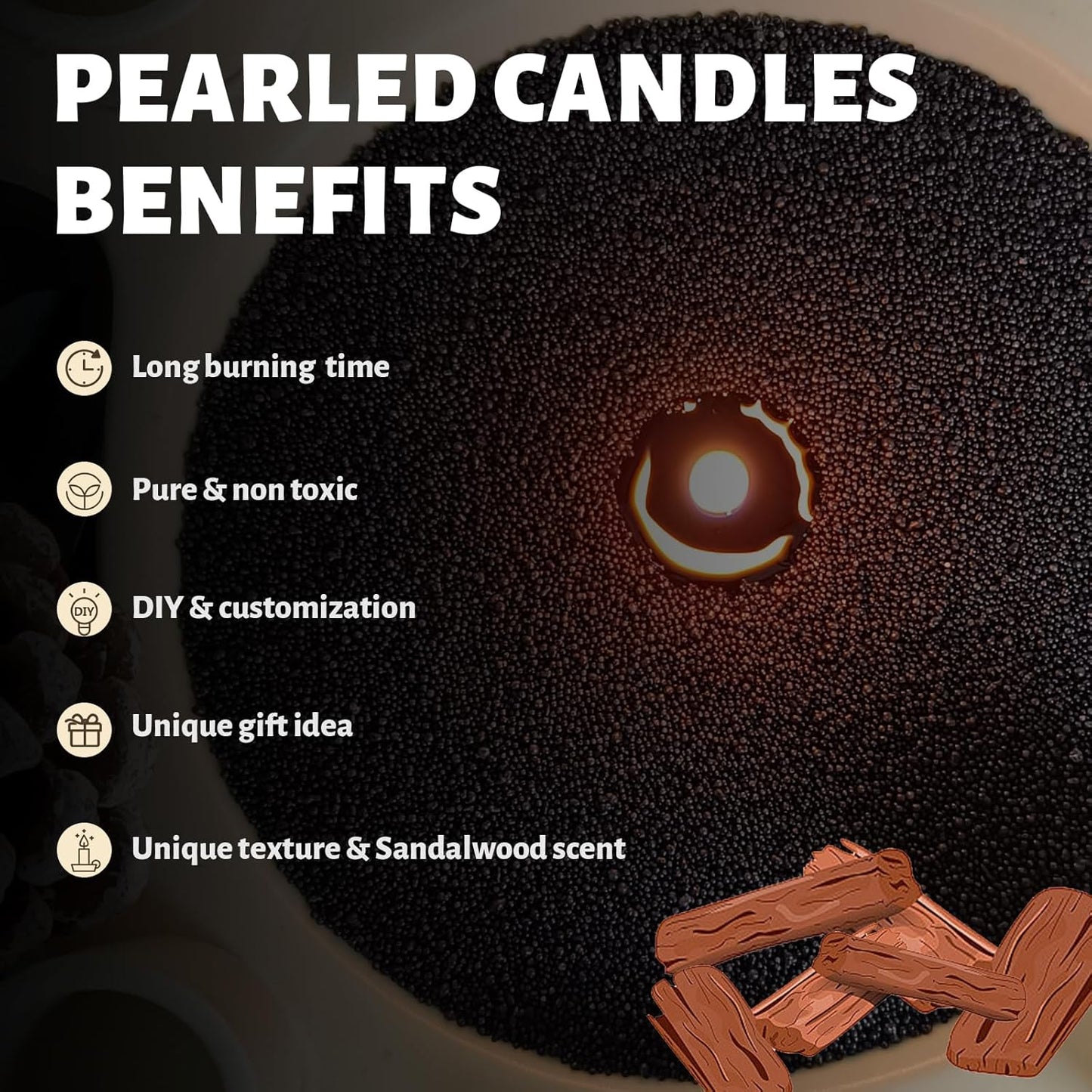 Sandalwood Scented Black Pearled Candle 18oz Luxury Sand Candle Granulated Wax - 30 Cotton Wicks – Wax for Candle Making Decorative Candles Smooth and Clean Burning Lasts up to 120 Hours