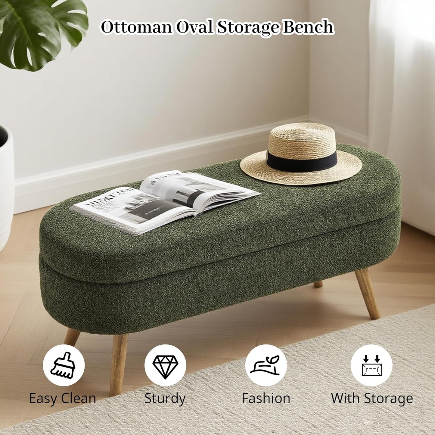 Storage Bench, 43" Storage Ottoman Bench, Shoe Storages Benches for Bedroom, Upholstered Entryway Benches with Seating, Rubber Wood Legs for Bedroom, Living Room, Entryway, Bed Side, Green