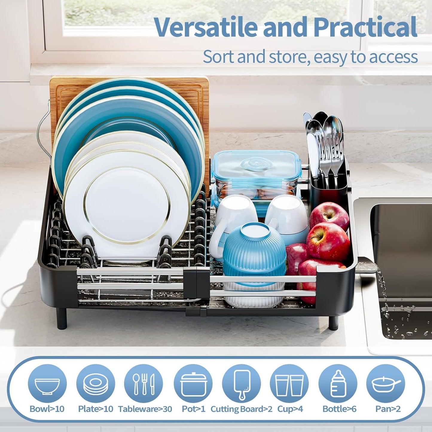 Dish Drying Rack for Kitchen Counter, Extendable Dish Rack with Drainboard, Collapsible Dish Drainer, Expandable Dish Strainer with Cutlery Holder, Foldable Home Countertop Plate Storage Rack, Black