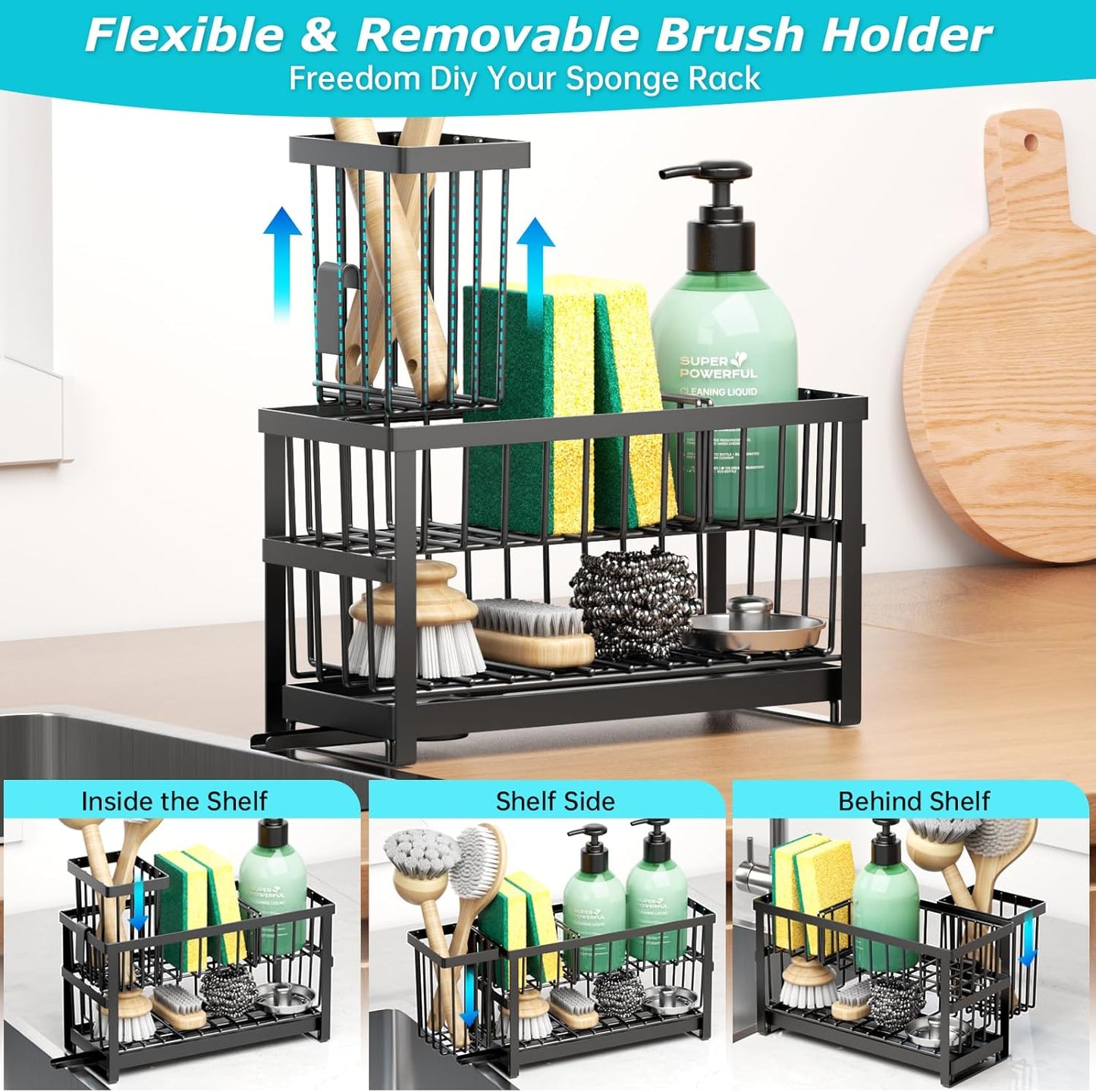 Sponge Holder for Kitchen Sink, 2 Tier Sink Caddy Organizer Countertop with Dish Brush Holder and 360° Drain Tray, Rustproof Stainless Steel Dish Soap Storage Rack Set for Accessories