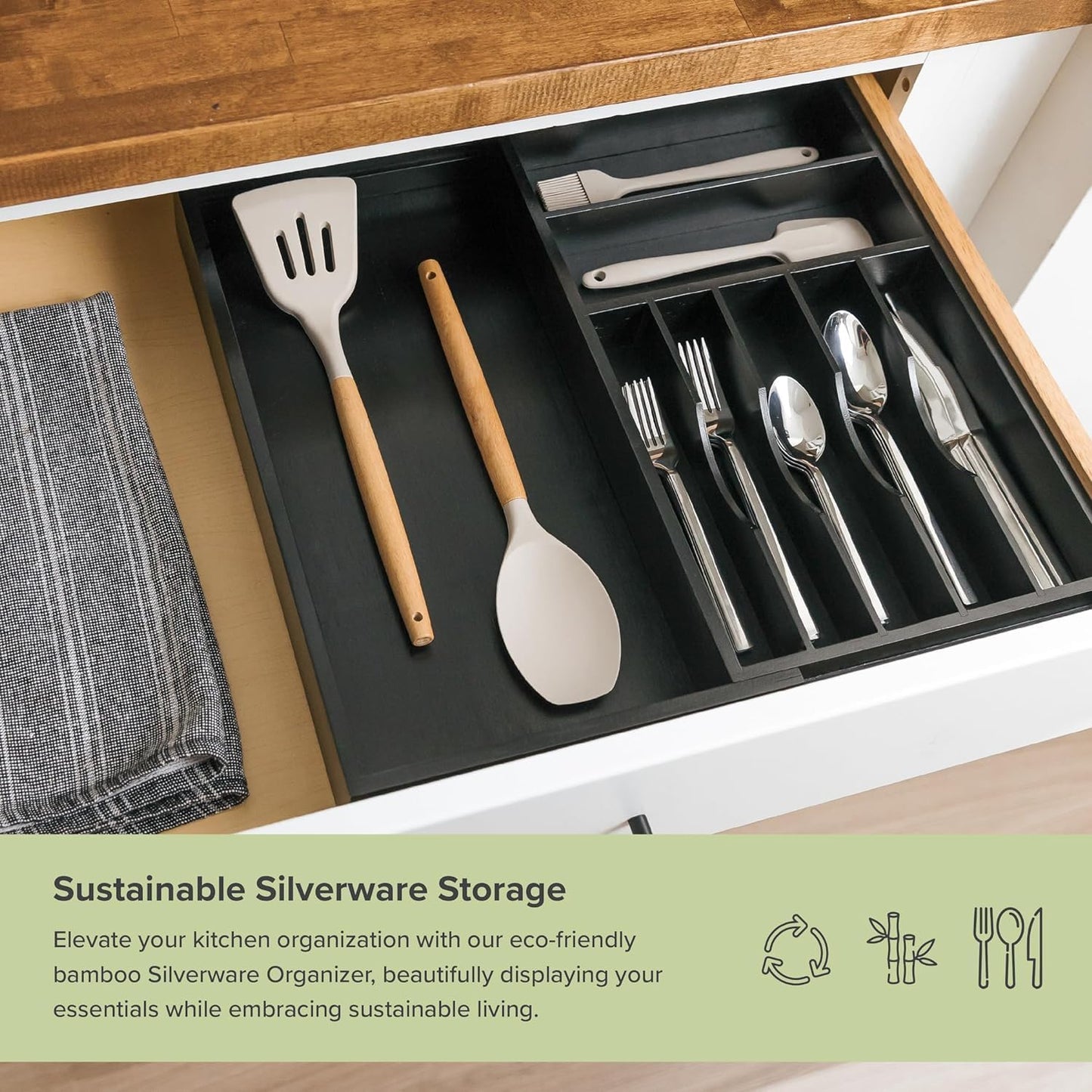 KitchenEdge Premium Silverware, Flatware and Utensil Organizer for Kitchen Drawers, Food-Safe Contract Grade, Expandable from 10.5 to 19 In, Black Bamboo