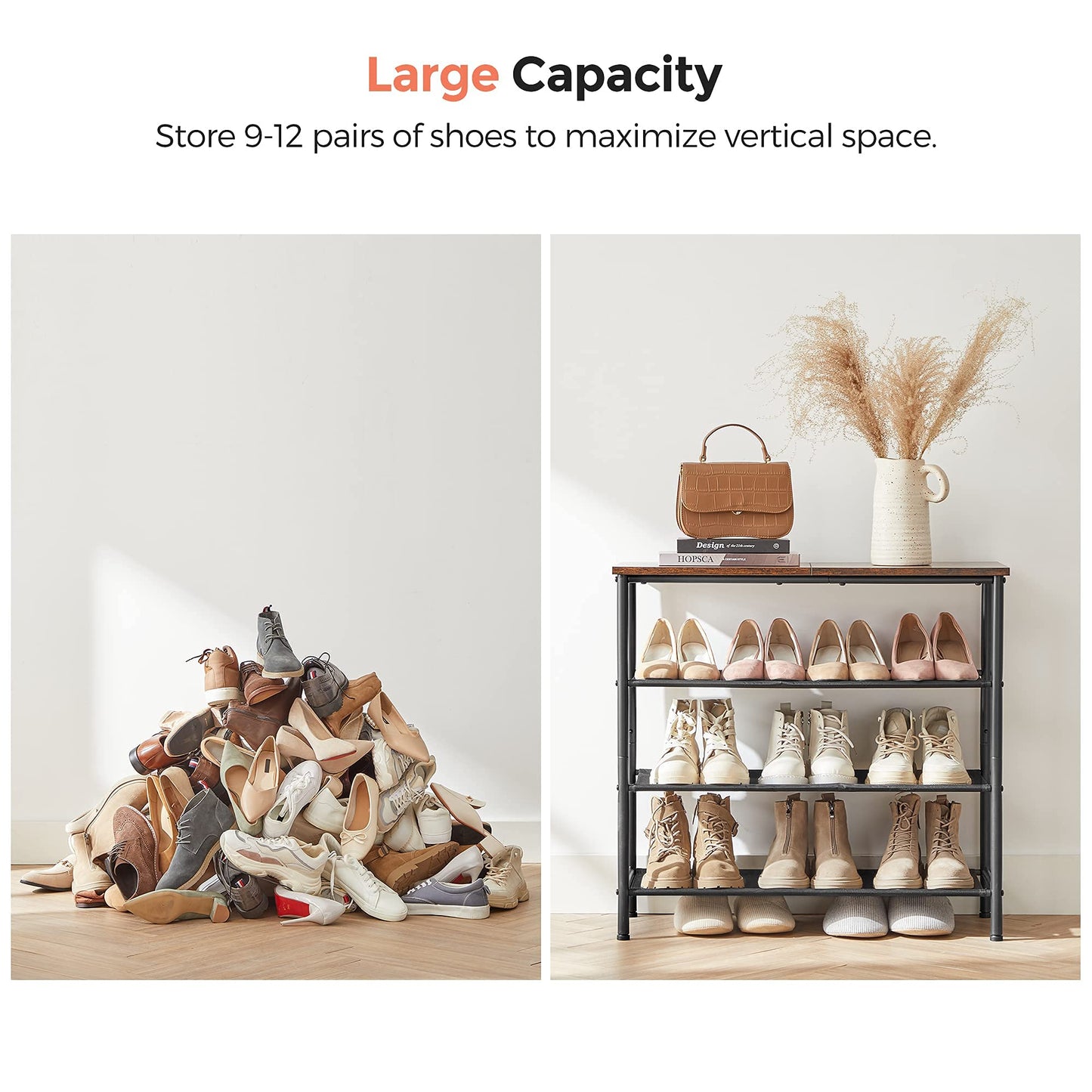 VASAGLE Shoe Rack, 4-Tier Shoe Storage Organizer for Entryway and Closet, Holds 9-12 Pairs of