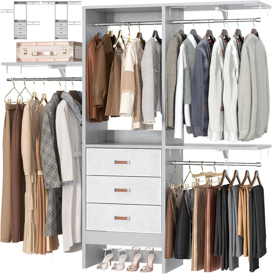 Armocity 5FT Small Closet System with 3 Fabric Drawers, 60 Inches Walk In Closet Organizer System With 3 Adjustable Shelves, Heavy Duty Clothes Rack Built-In Garment Rack, 59" L x 16" W x 71" H, Grey