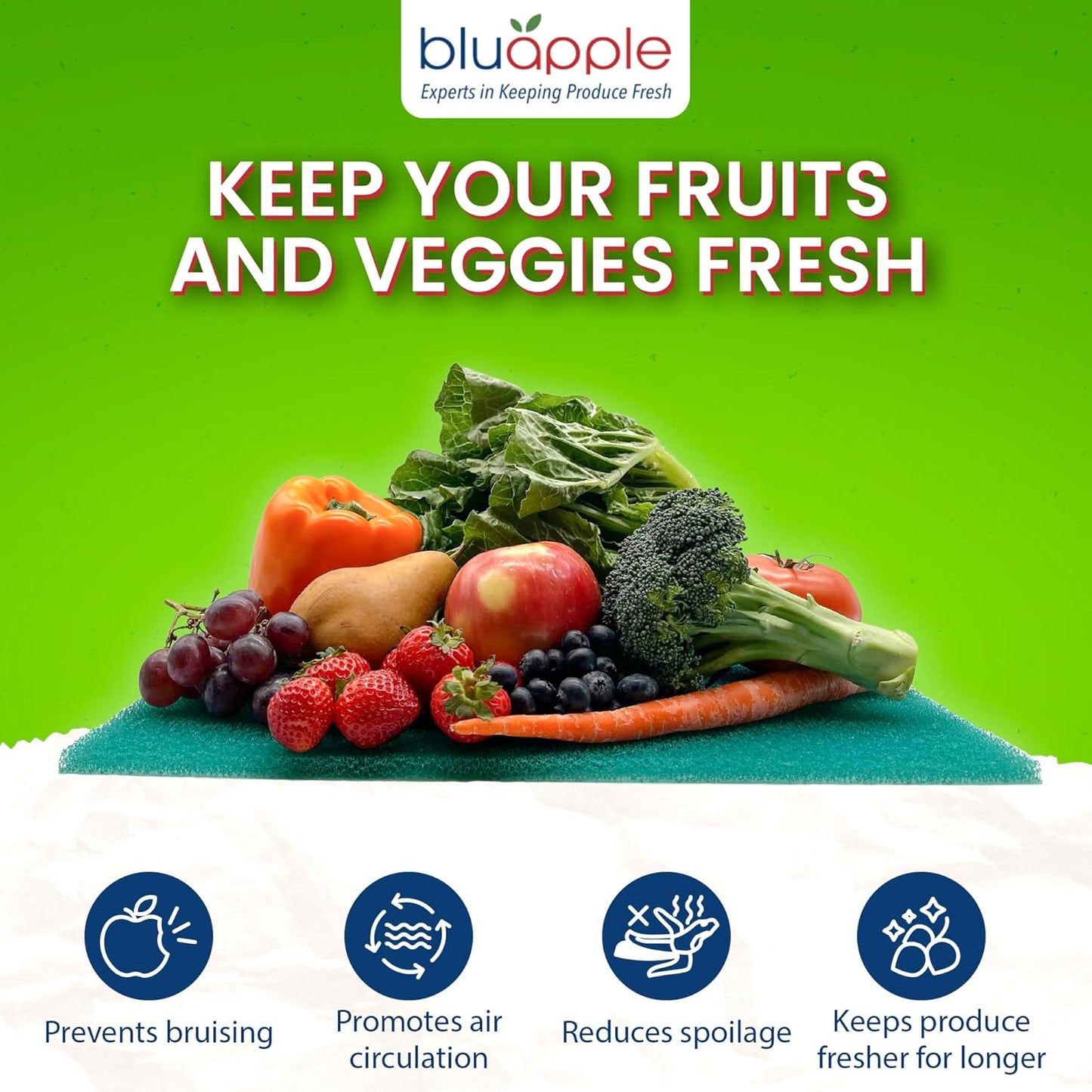 Bluapple FreshMats, Refrigerator Bin Liner, Fridge Drawer Mats, Crisper Life Extender Liner Keeps Produce Fresh Longer, Anti-Bruising, Helps Air Circulation, Washable & Reusable (4-Mats, 12x15, Teal)