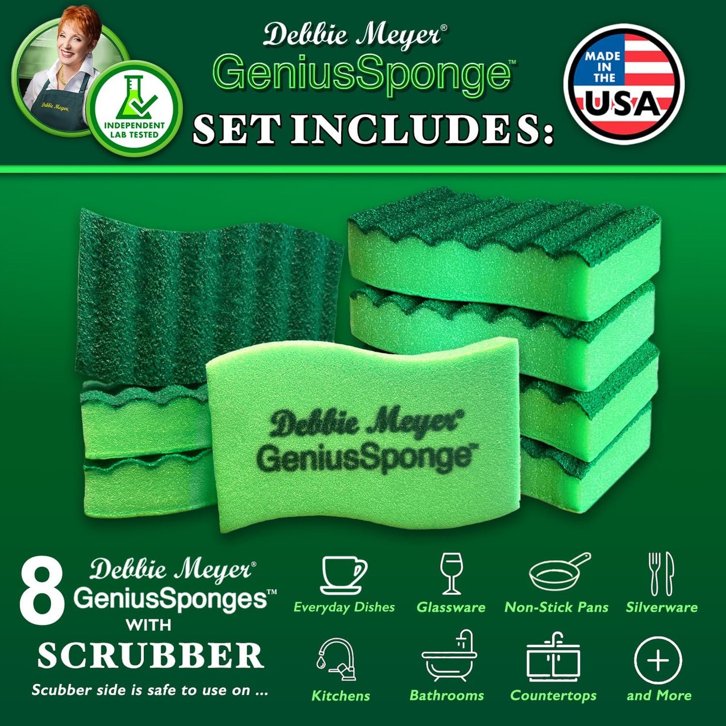 Debbie Meyer GeniusSponges-8 Scrubber Sponges with Built-in Odor Blocking Properties | Non-Scratch Multi-Surface Cleaning for Kitchens, Bathrooms, Essential for Dishes & Messes, Made in The USA