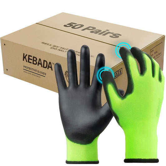 Kebada W1 Work Gloves for Men and Women, Touchscreen PU Coated Gloves with Grip, 50 Pairs Bulk Pack, Ideal for Warehouse Package Handling, Construction, Gardening, Green XX-Large
