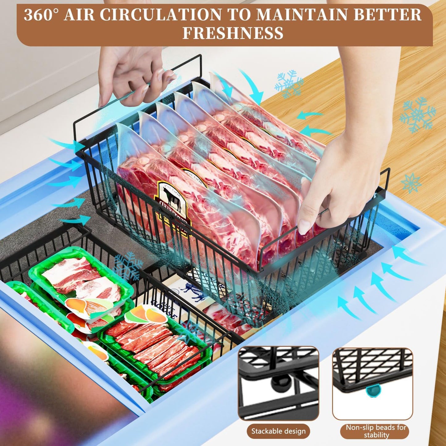 Large Freezer Organizer Bins，Upgraded Bottom Leak-Proof net，Fit 10 to 20 Cu Ft Chest Freezer，4Pack， Expandable Stackable Chest Freezer Containers with Handle(Black-4Pack)