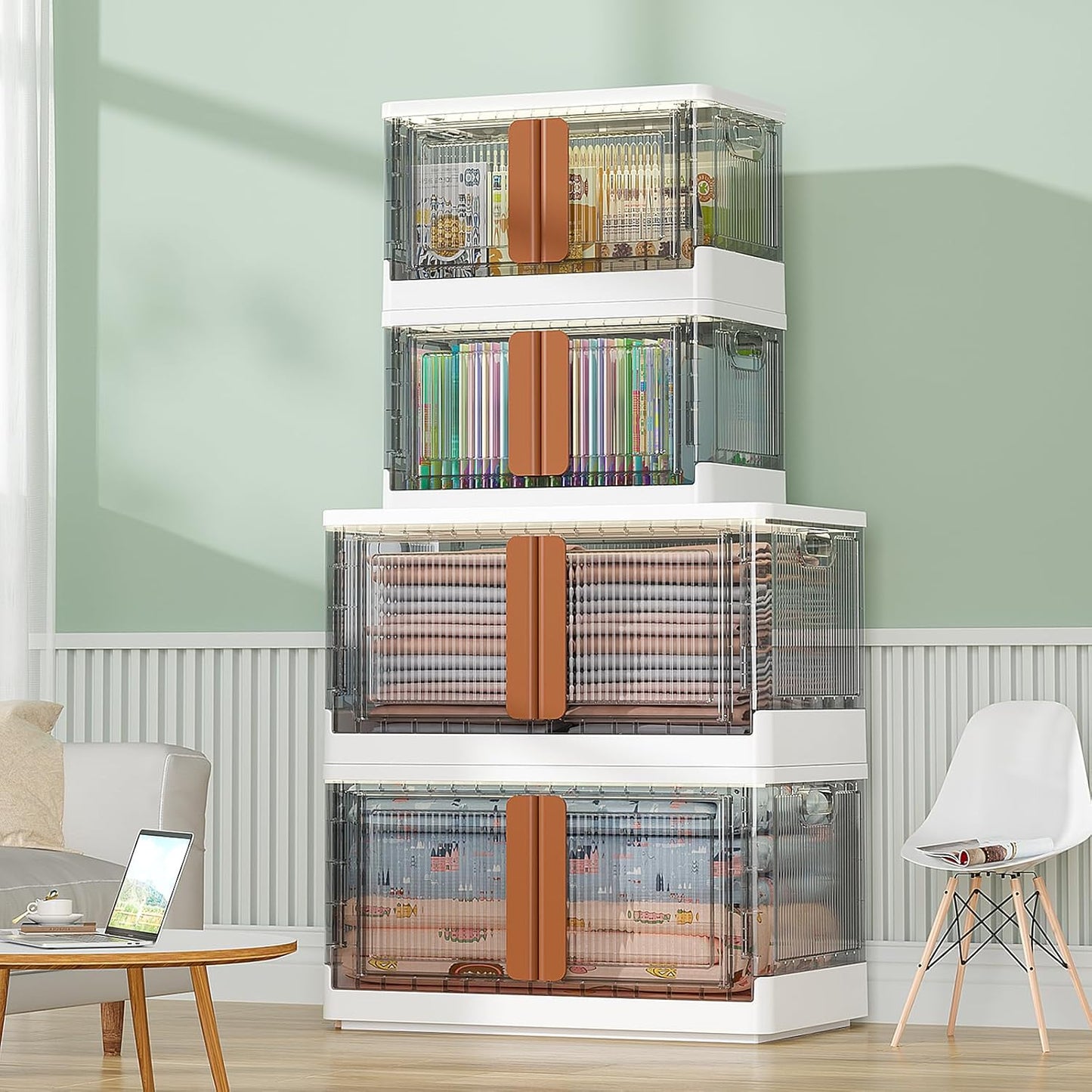 HAIXIN Storage Bins with Lids - Collapsible Storage Bins, Wardrobe Closet Organizer, 19 Gal Stackable Toy Storage, Foldable Plastic Storage Container with Door, Crate for Book Storage (3 Pack)