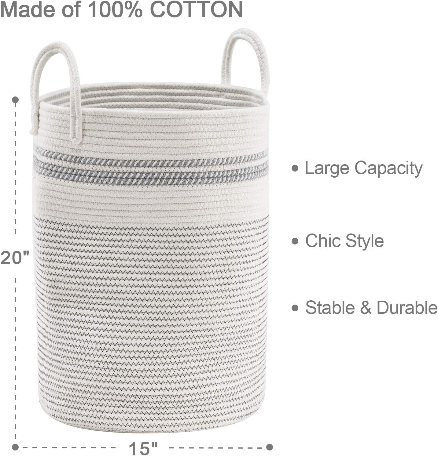 YOUDENOVA Woven Rope Laundry Hamper Basket, 58L Tall Luandry Basket, Baby Nursery Hamper for Blanket Storage, Clothes Hamper for Laundry in Bedroom-Large-Stripe White