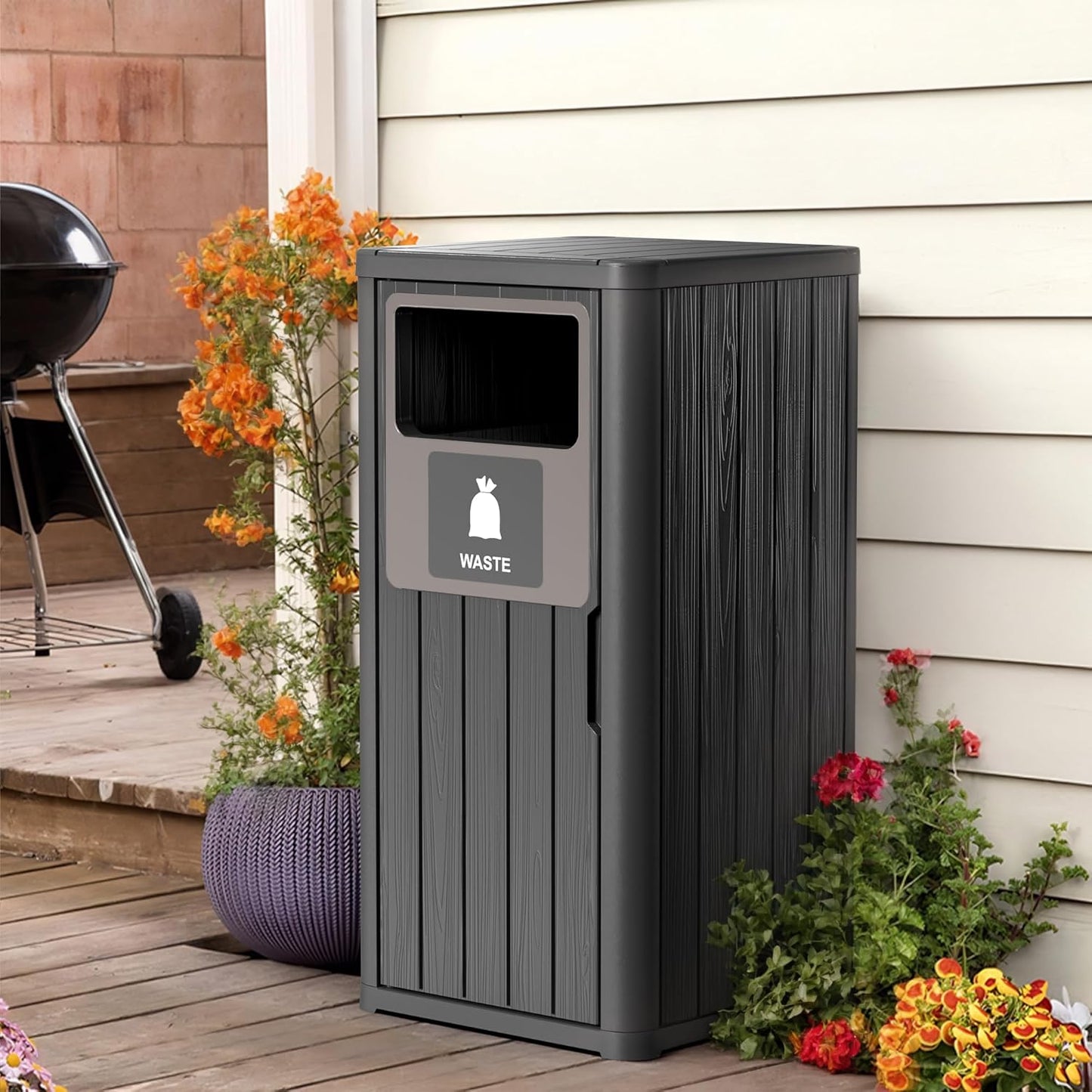 ROJIK 35" Tall Outdoor Trash Can,Weatherproof Resin Garbage Indoor Durable Lightweight,Suitable for Patio Office Kitchen,Easy to Clean,Assemble(Waste, Black)