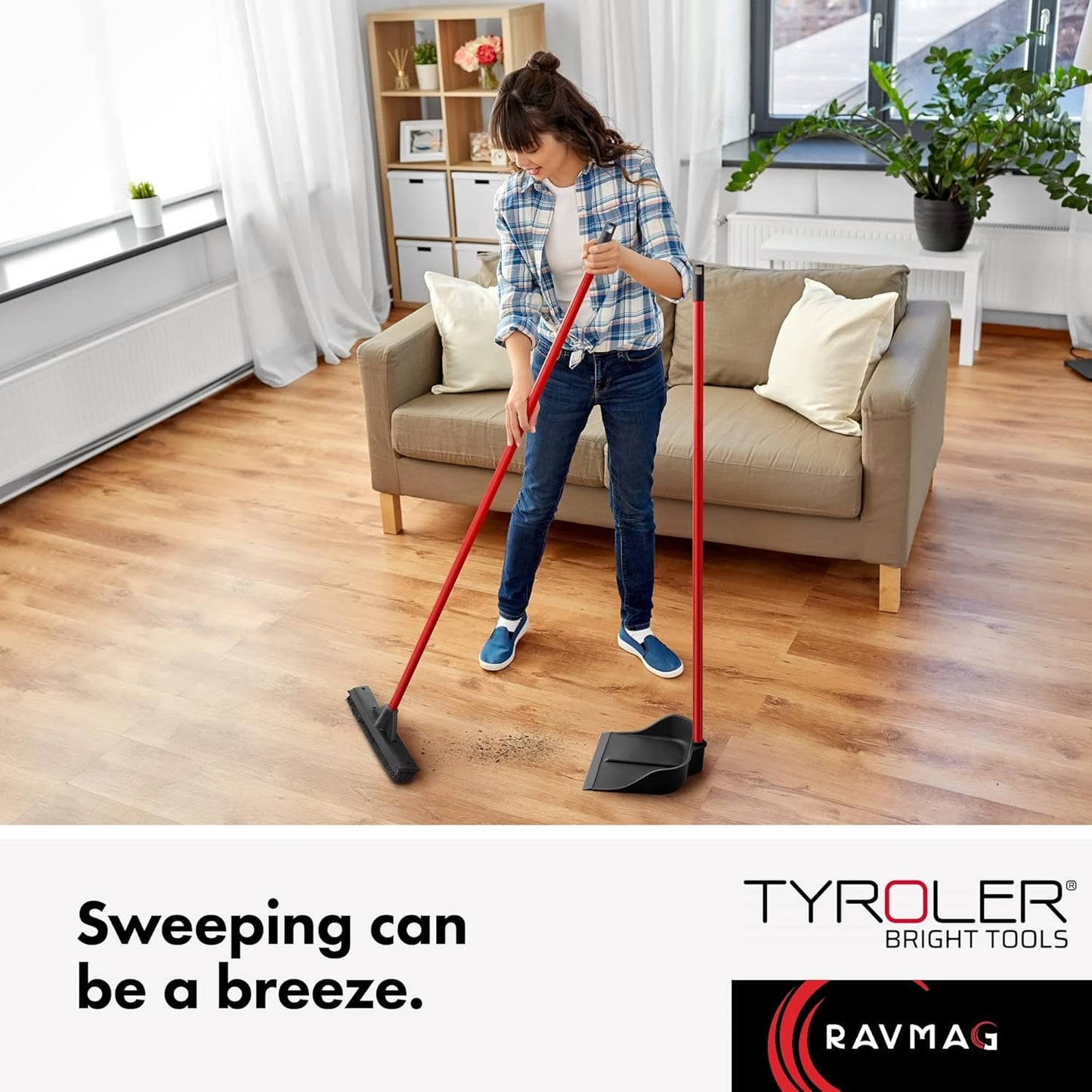 Dustpan with Handle by Ravmag- Solid Natural Rubber Construction- 40” Long Handled Dust Pan- Stand Up Design- Accommodates Any Broom/Hand Brush- Best Dustpans for Home/Lobby/Shop