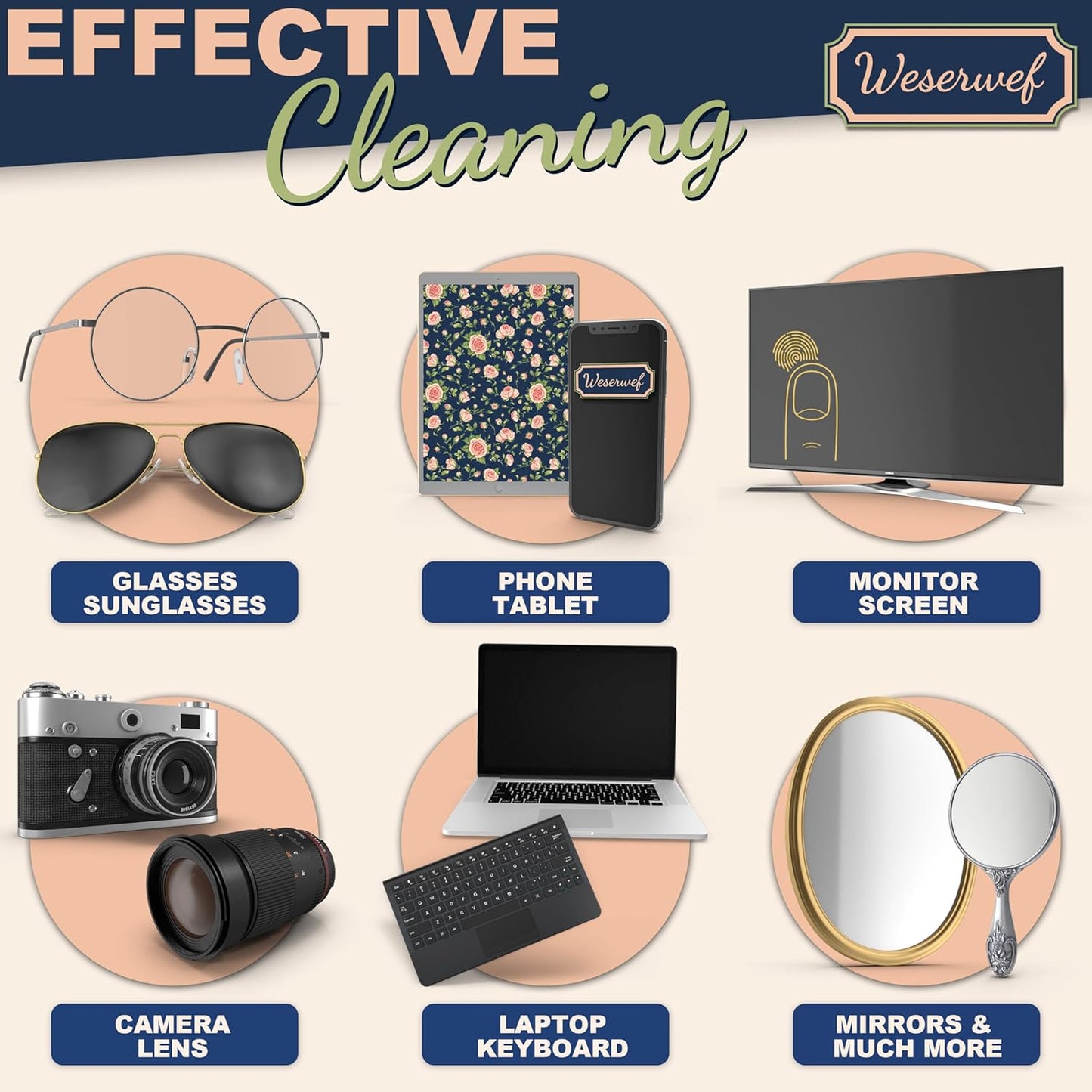 WESERWEF Design Microfiber Glasses Cleaning Cloth – Premium Cleaning Cloth for Eyeglasses, Screens, Tablets, Cameras & Lenses, 12" x 12", Ultra-Soft & Scratch-Free (Rose)