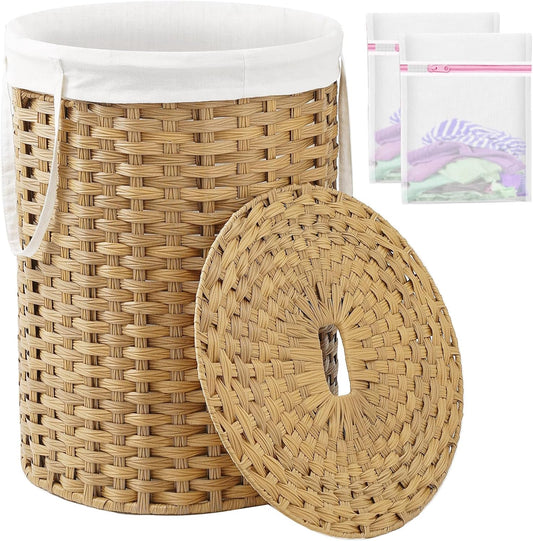 Laundry Basket with Lid Round Rattan Laundry Hamper with Lid and Handles 29.1 Gal (110 L) Handwoven Woven Basket with Removable Bags and 2 Mesh Bags for Bathroom Living Room Natural