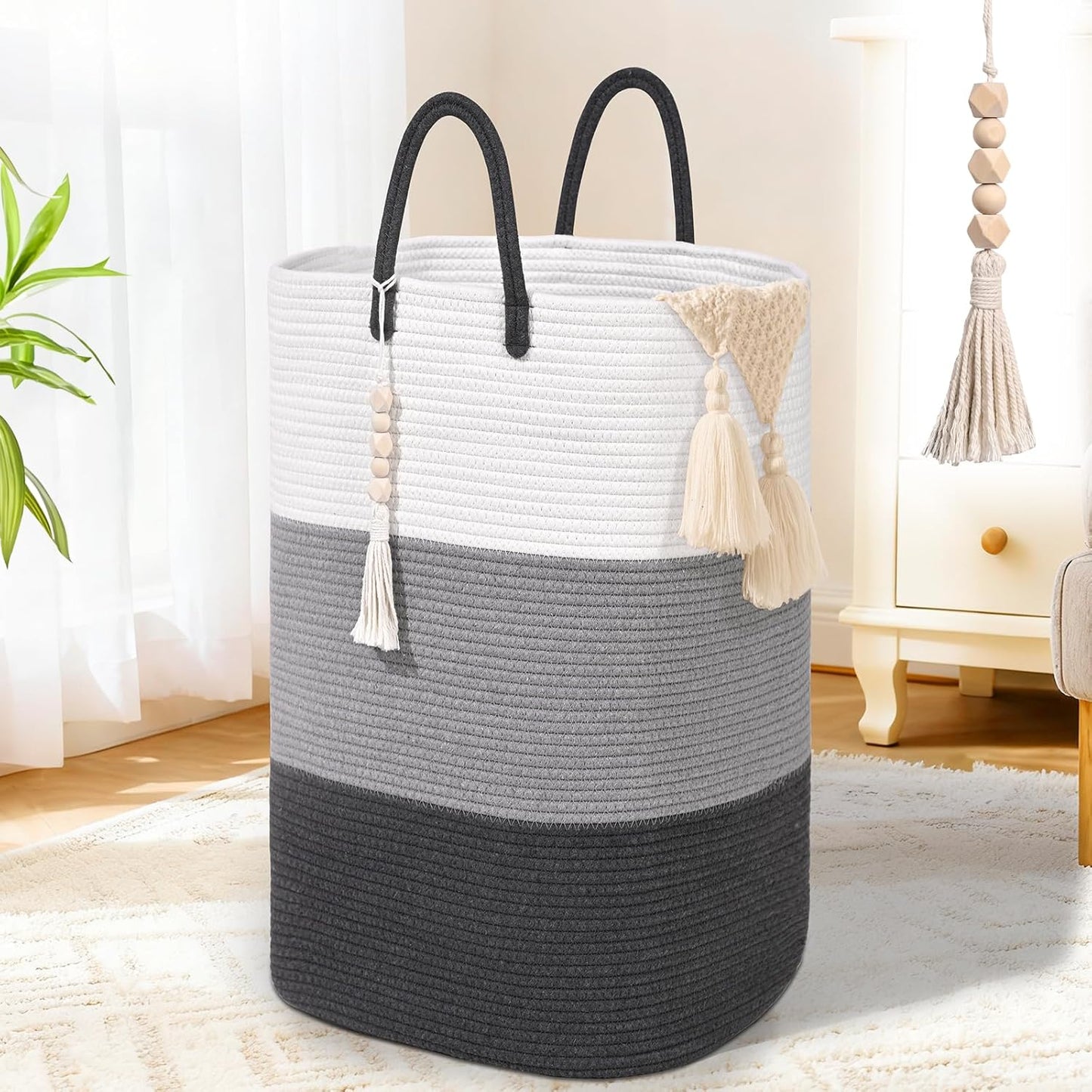 Woven Laundry Basket for Clothes,100 L Large Rectangle Laundry Hampers with Beads Tassel, Nursery Storage Basket for Toys, Tall Dirty Clothes Hamper for Bedroom Aesthetic, Laundry Room Organization