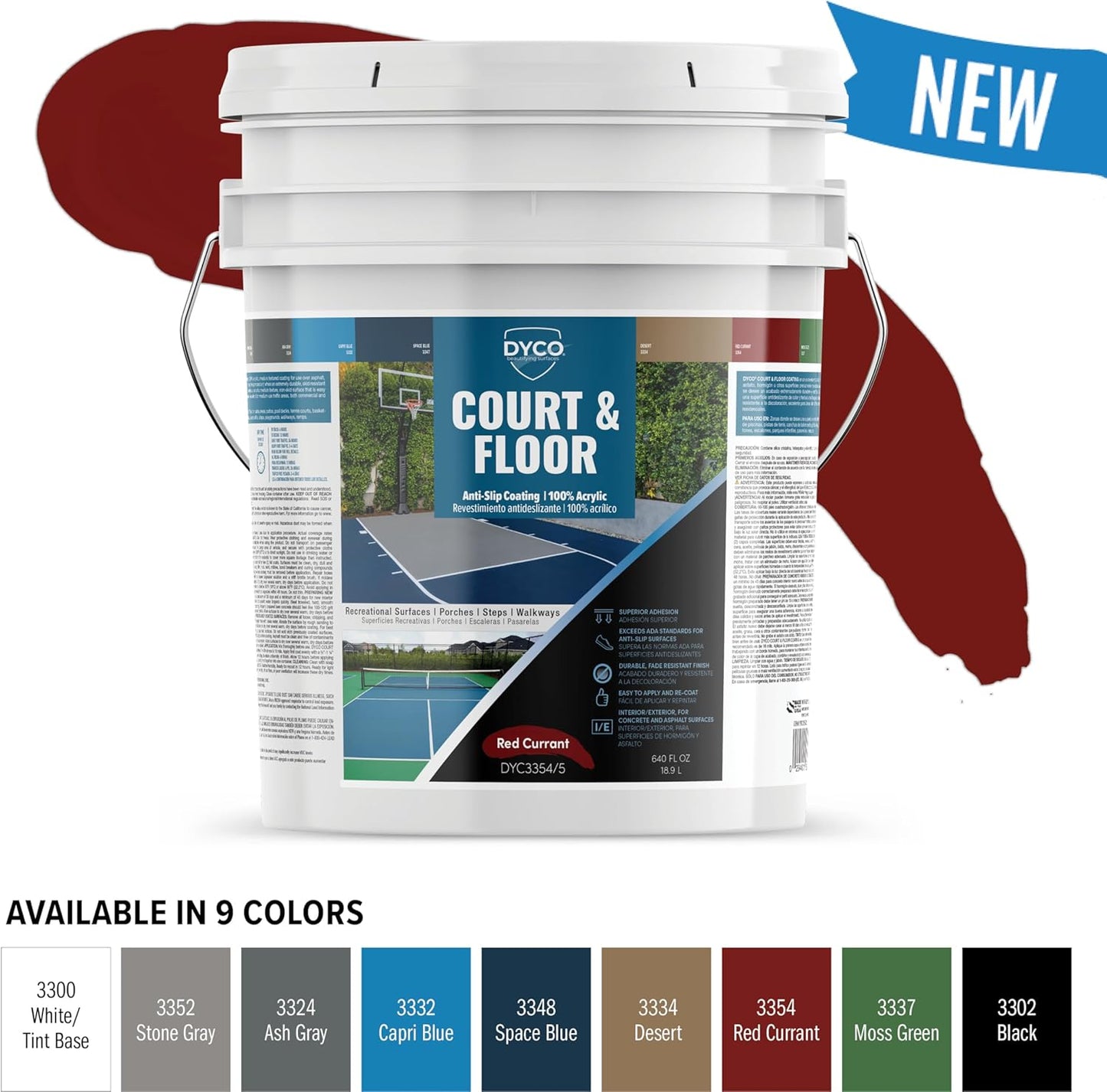 DYCO Court & Floor Anti-Slip Coating - Slip-Resistant Pavement, Cement & Concrete Paint for Pickleball, Tennis & Basketball Courts, Exceeds ADA Standards for Safety Areas (Red Currant, 5 Gallons)