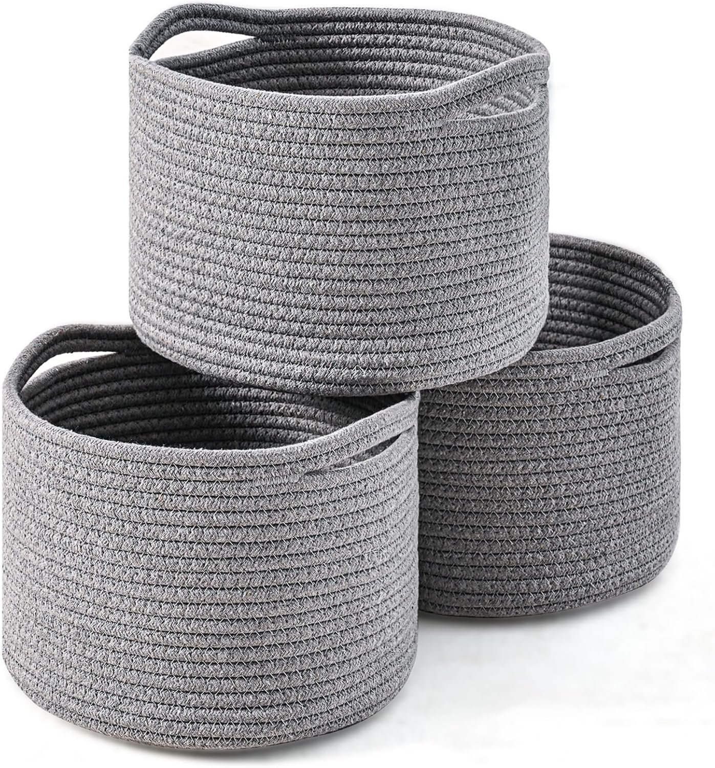 Small Storage Baskets for Organizing, Organizer Baskets for Shelves, Small Woven Basket for Storage, Cute Basket for Gifts Empty, Soft Cotton Rope Baskets, 9.7"×9.7"×7" (3 Packs) Grey