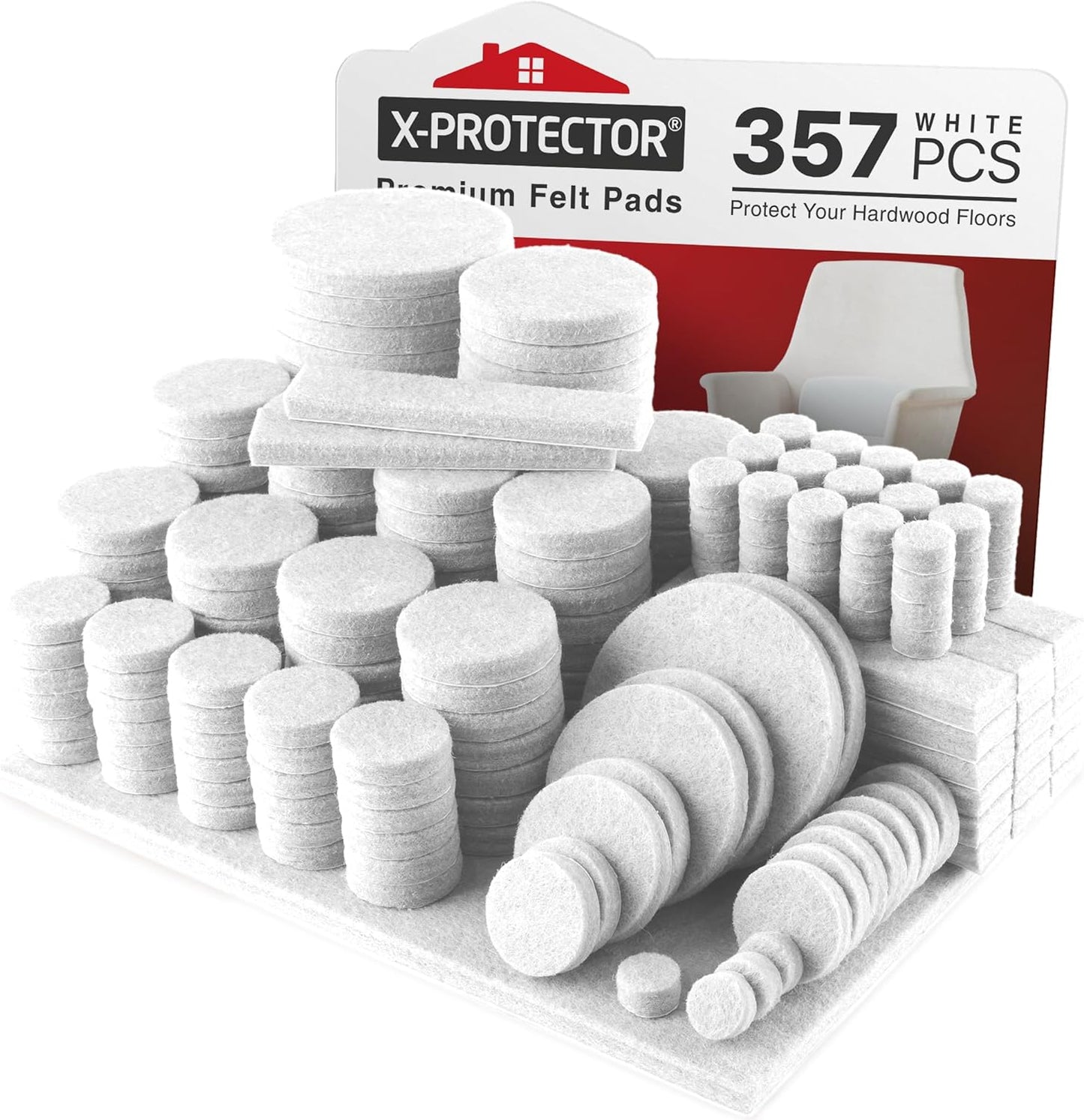 357 pcs White Felt Furniture Pads X-Protector! Huge Quantity of Furniture Pads for Hardwood Floors with Many Big Sizes – Your Ideal Wood Floor Protectors for Furniture. Protect Any Type of Hard Floor!