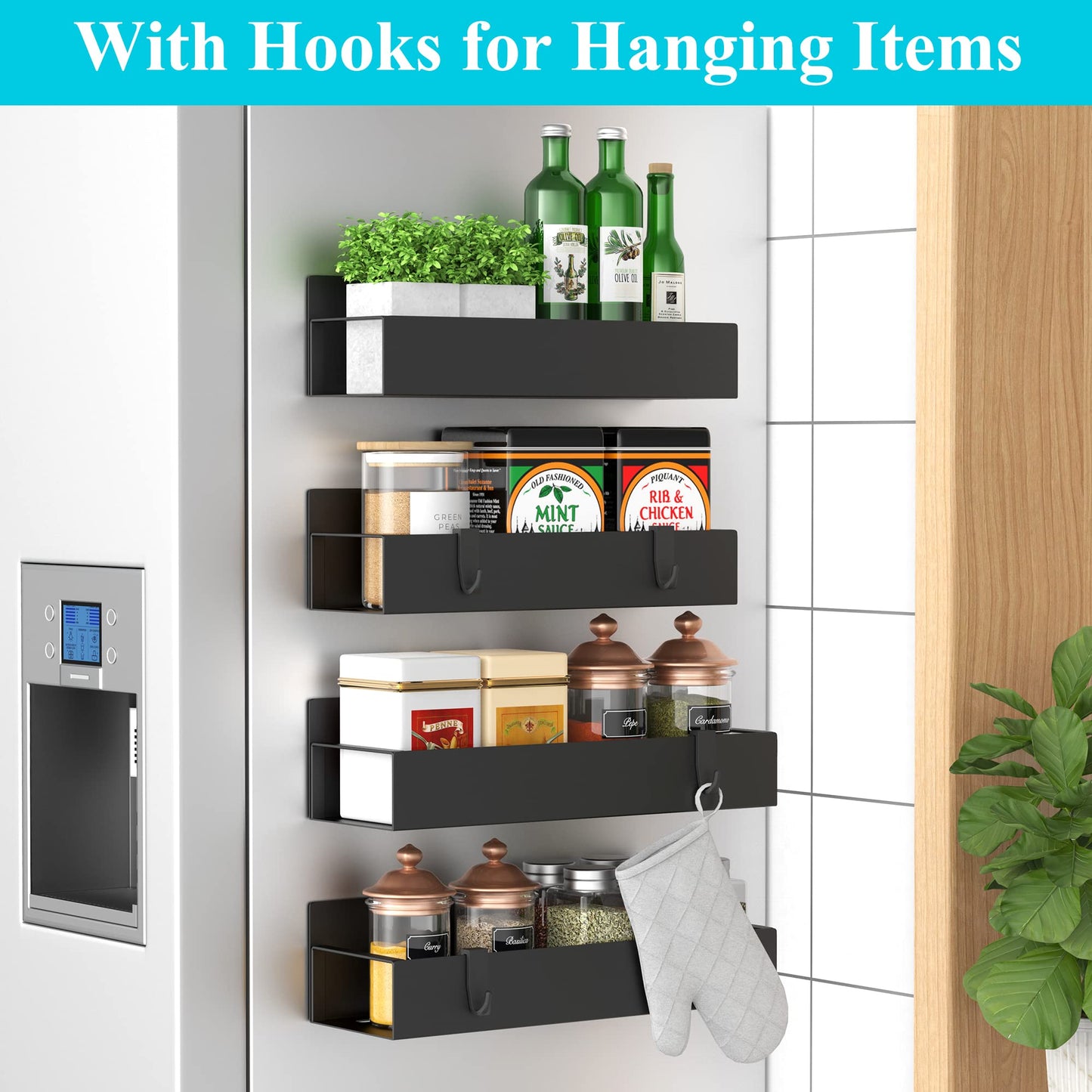 HuggieGems Metal Magnetic Spice Rack for Refrigerator Black, 4 Pack