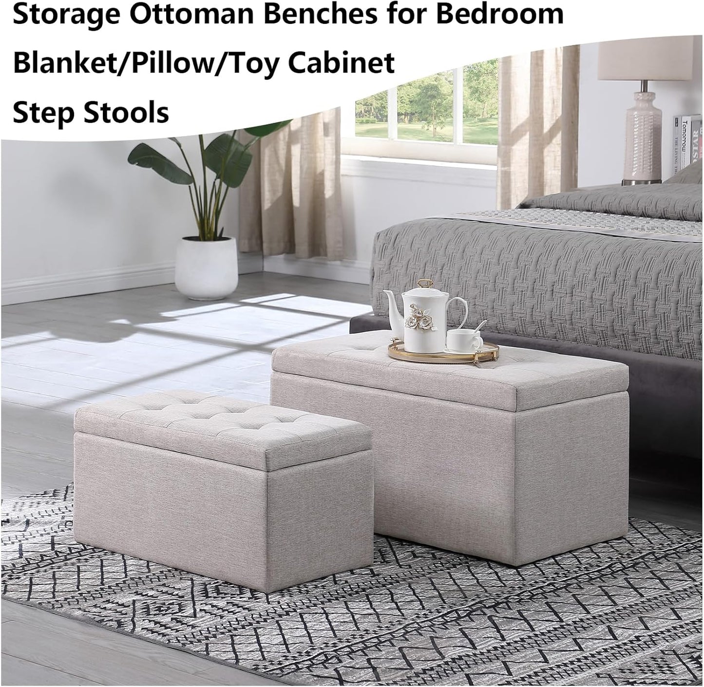 Storage Ottoman Bench with 2.56-inch Thick Seat, 31.5 inch Nesting Ottoman Set of 2, Hinged Flip Top Bench with Storage for Living Room, Bedroom, Beige