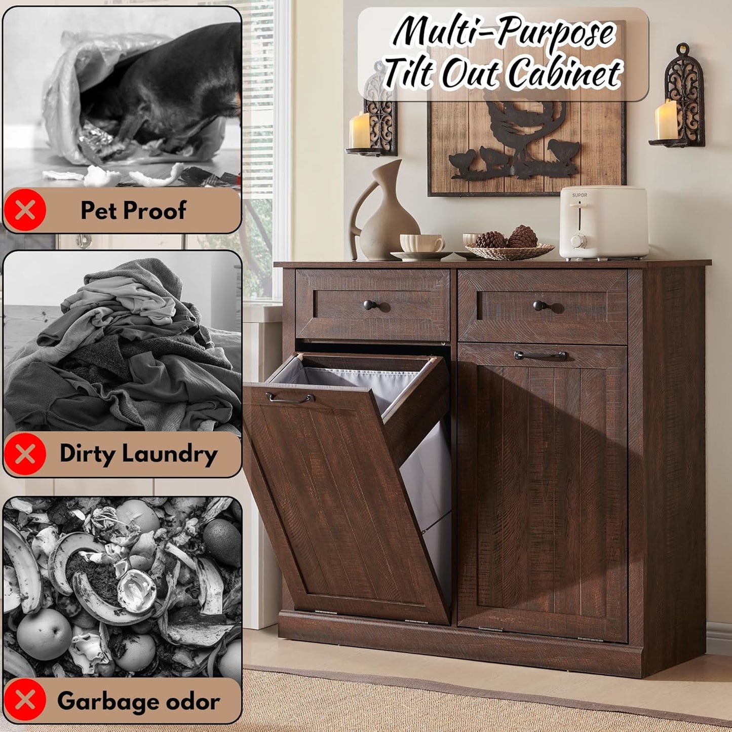 Double Tilt Out Laundry Hamper Cabinet, 20 Gallon Farmhouse Trash Can Cabinet with Drawer, Hidden Wood Garbage Can Bin Cabinet with Laundry Storage Basket for Bathroom, Kitchen, Brown