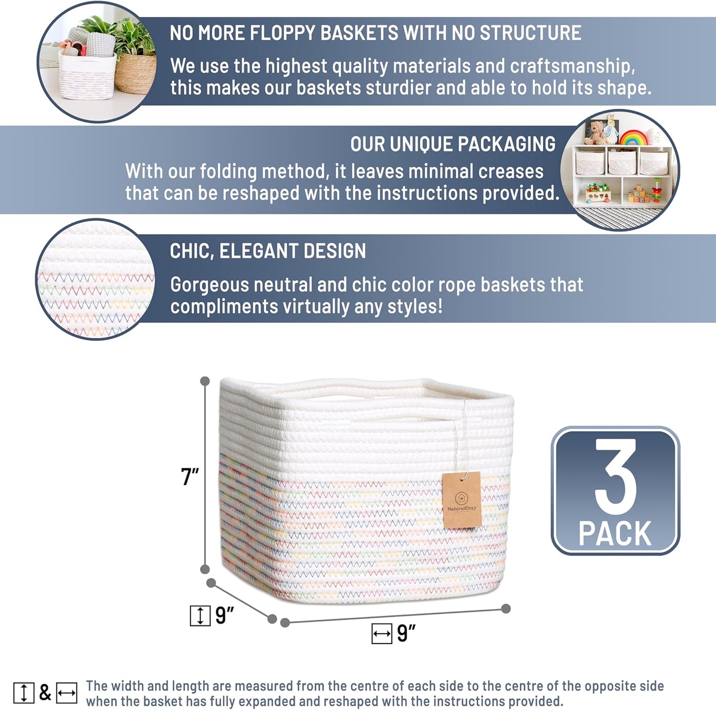 NaturalCozy Storage Cubes 9”x9”x7”Cotton Rope Woven Baskets for Organizing 3-Pack | 9 Inch Cube Storage Bin | Small Basket for Shelf Nursery, Pantry, Decorative Plant, Bathroom Closet, Toy Gift