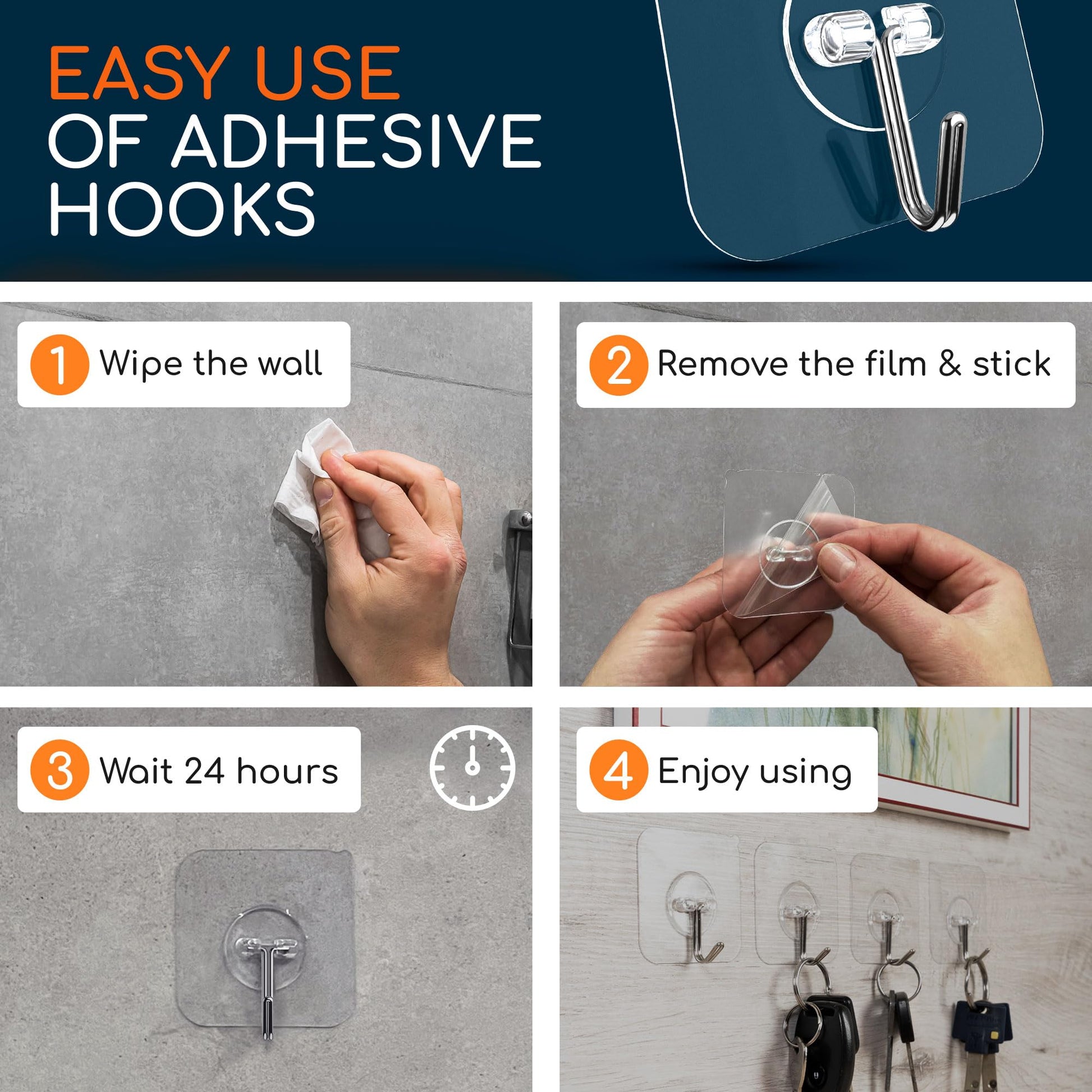 GLUIT Adhesive Wall Hooks for Hanging, Heavy Duty No Drill, 22 lbs, 12 Pack