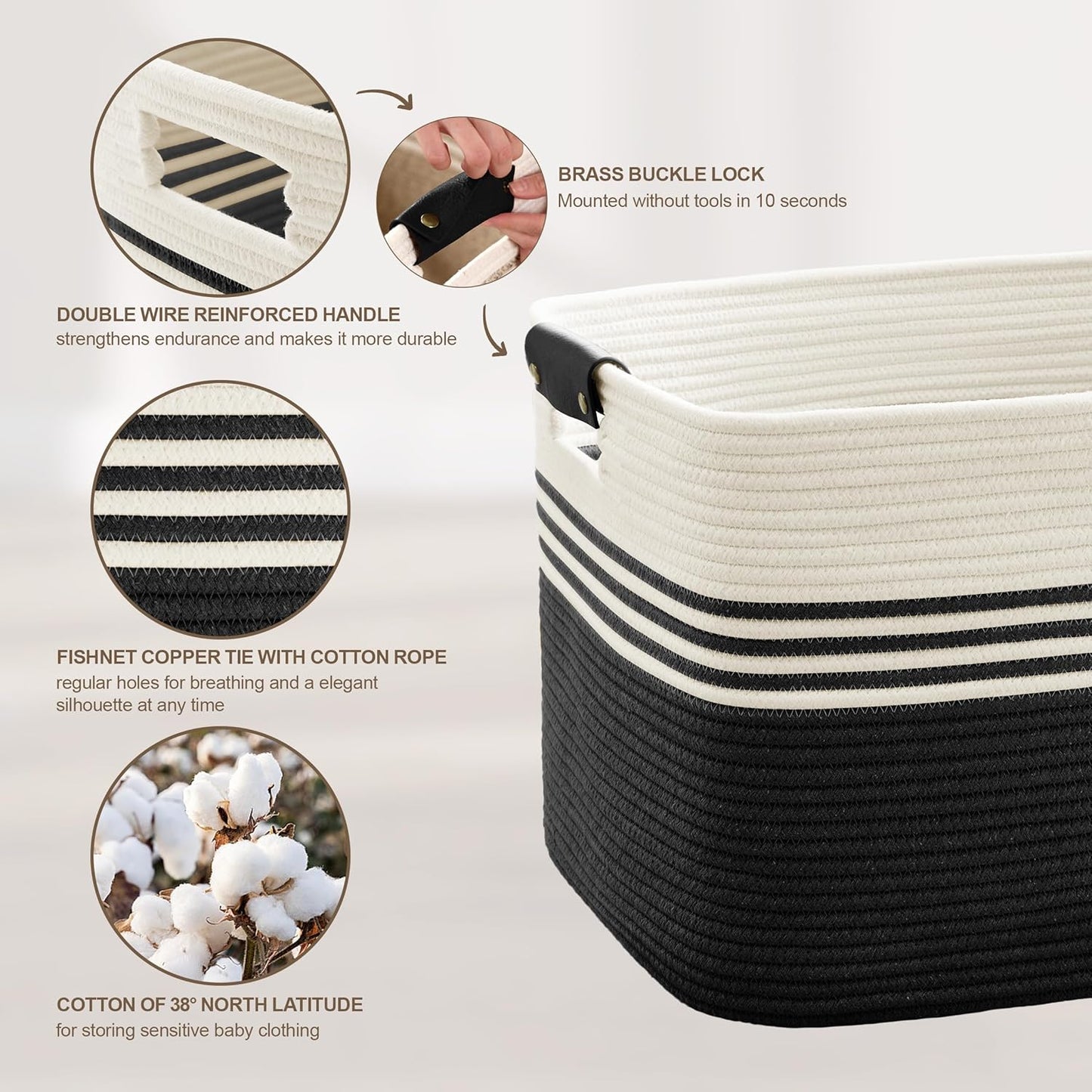 60L Large Laundry Basket with Leather Handles for Living Room Storage, Woven Rope Baskets Bin for Blanket, Kids Toy, Gifts, Wicker Hamper for Bedroom Dirty Clothes, 21"x15"x11" White Black