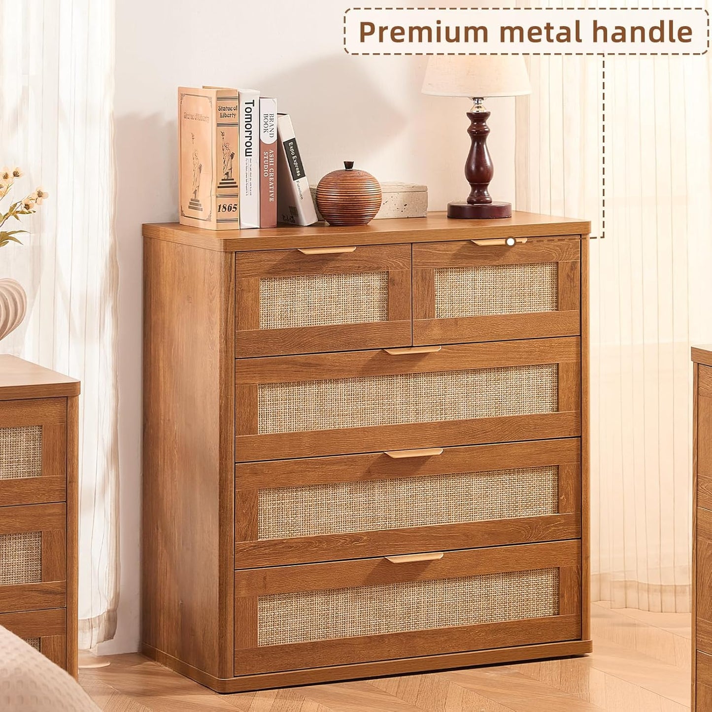 LEYAOYAO Rattan Dresser for Bedroom, 33.5" Tall Chest of Drawers, Modern 5 Drawers Boho Dressers with Storage, Vintage Brown Dresser Wooden Closet Organizer for Living Room, Hallway