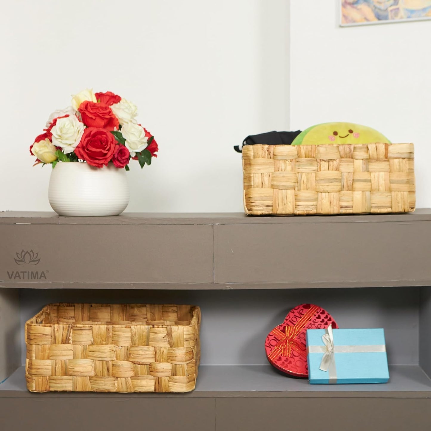 Vatima Jumbo Wicker Storage Basket, Large Hyacinth Organizer, 16.9x12.1x7.1H Inches - Ideal for Home Shelving and Pantry Storage