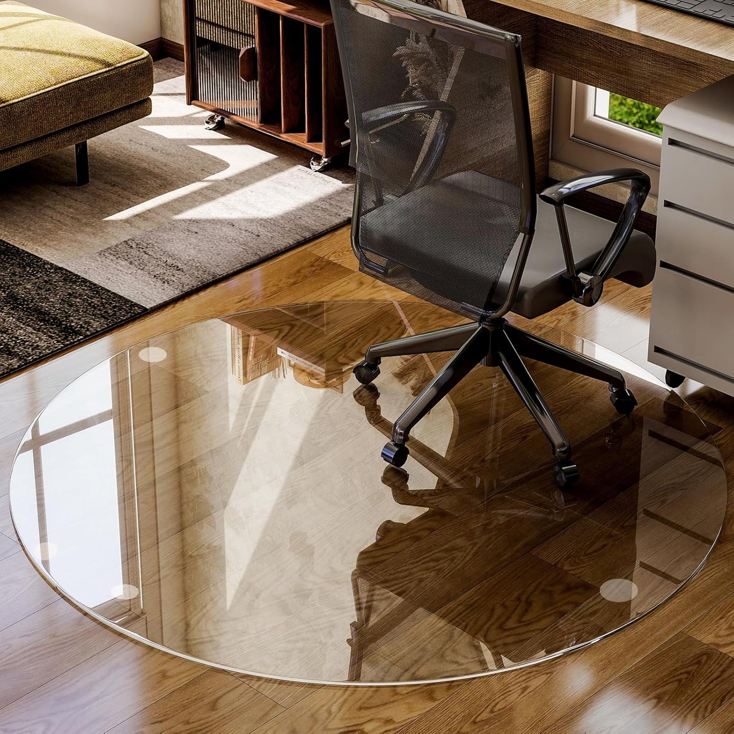 46" x 46" Glass Chair Mat, Round Tempered Glass Floor Mat for Chair on Carpet, Office Chair Mat for Hardwood Floor, Hard Floor Chair Mats for Office and Home, Transparent