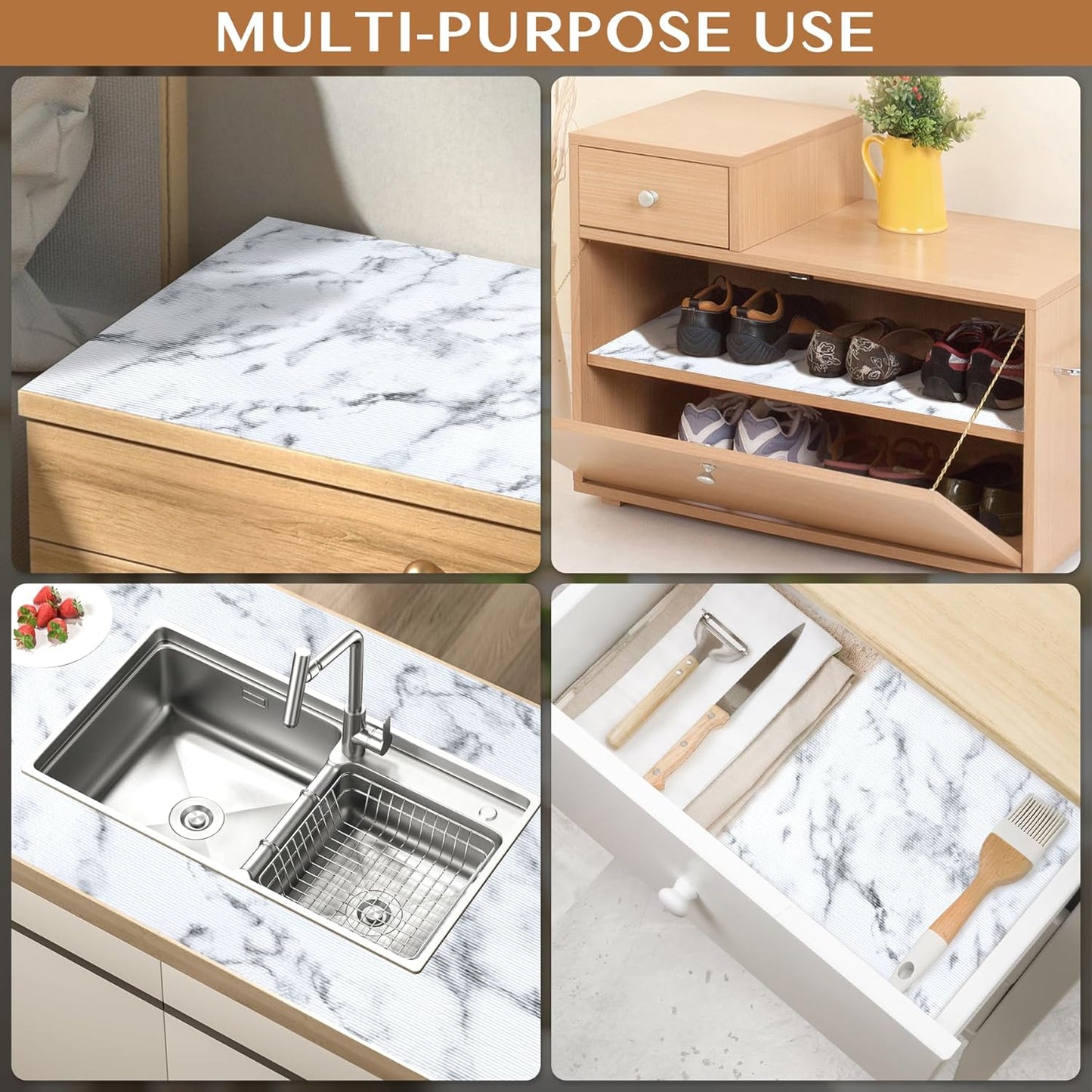 Non-Adhesive Shelf and Drawer Liner for Kitchen Cabinets, 12 in x 10FT Strong Non-Slip Cabinet Liners for Shelves, Refrigerator, Pantry Storage, Bathroom Closet, Easy to Clean, Marble