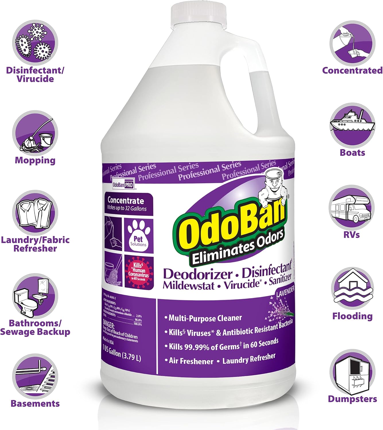 OdoBan Professional Disinfectant and Odor Eliminator Concentrate, Made in the USA, Lavender Scent, 1 Gallon
