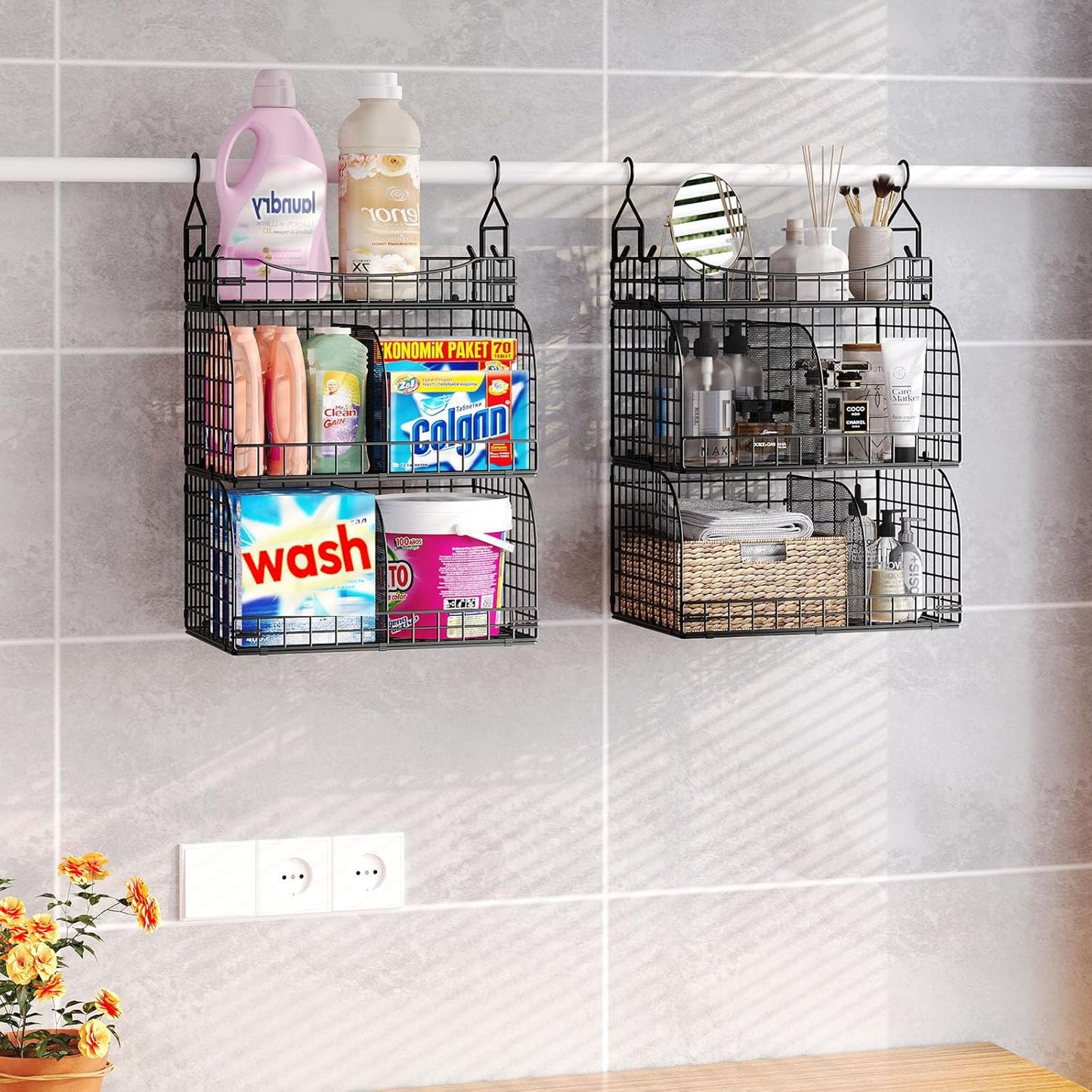 HapiRm Hanging Closet Organizer Storage - 3 Tier Metal Stackable Hanging Closet Shelves with Dividers and S Hooks, Foldable Clothes Shelves for Clothes, Pants, Shoes, Coat, Hats Clutches Accessories