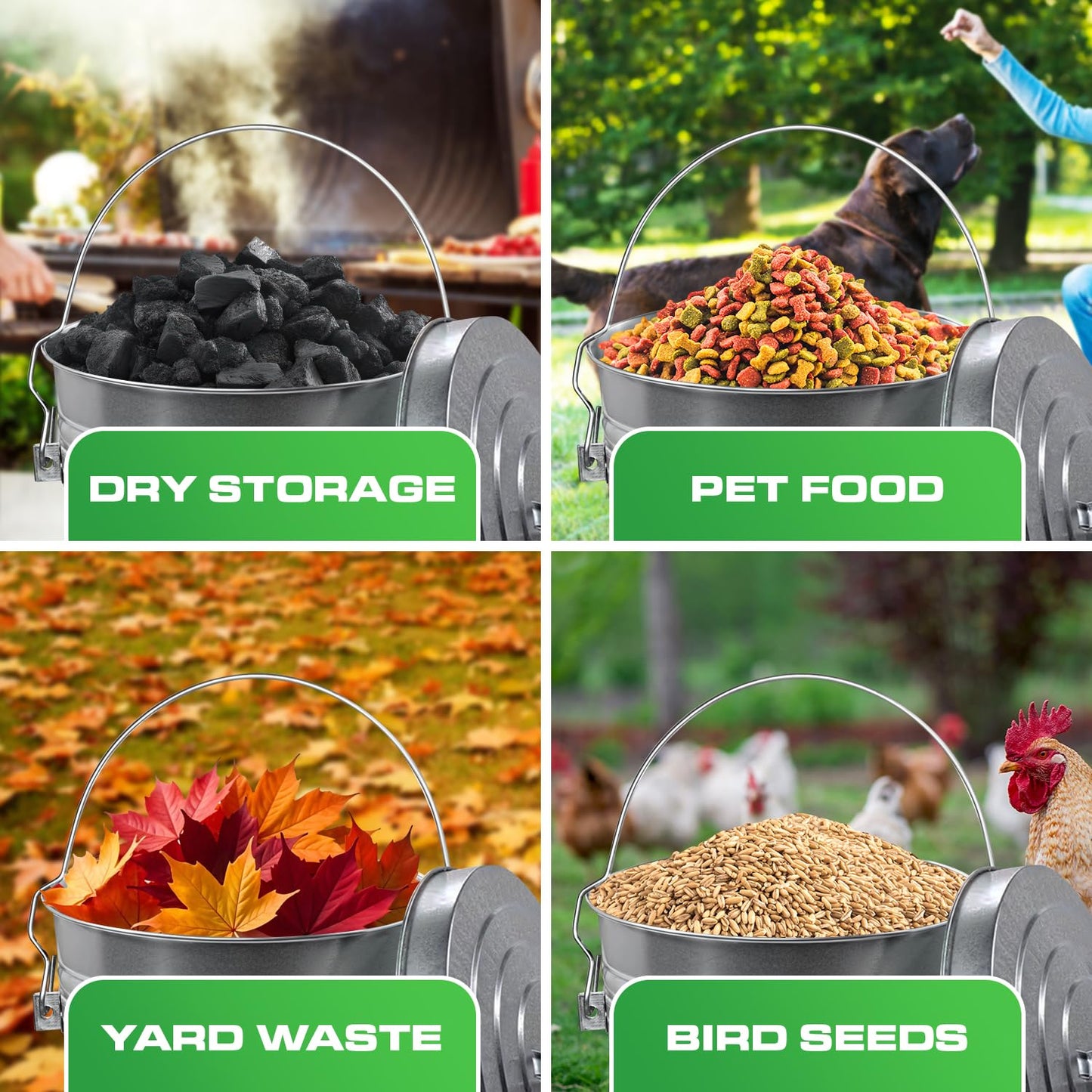 Plexon 6 Gallon Small Metal Trash Can with Locking Lid Galvanized Metal Bucket with Lid for Poultry Feed Bird Seed Storage Ash Outdoor Garbage Trash Bin 2 Pack