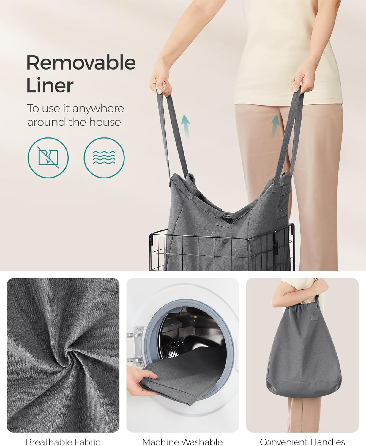 SONGMICS Laundry Hamper, 11 Gal. (50L) Laundry Basket, Collapsible Clothes Hamper, Removable and Washable Liner, Metal Wire Frame, for Bedroom Bathroom, Black and Gray ULCB150G01