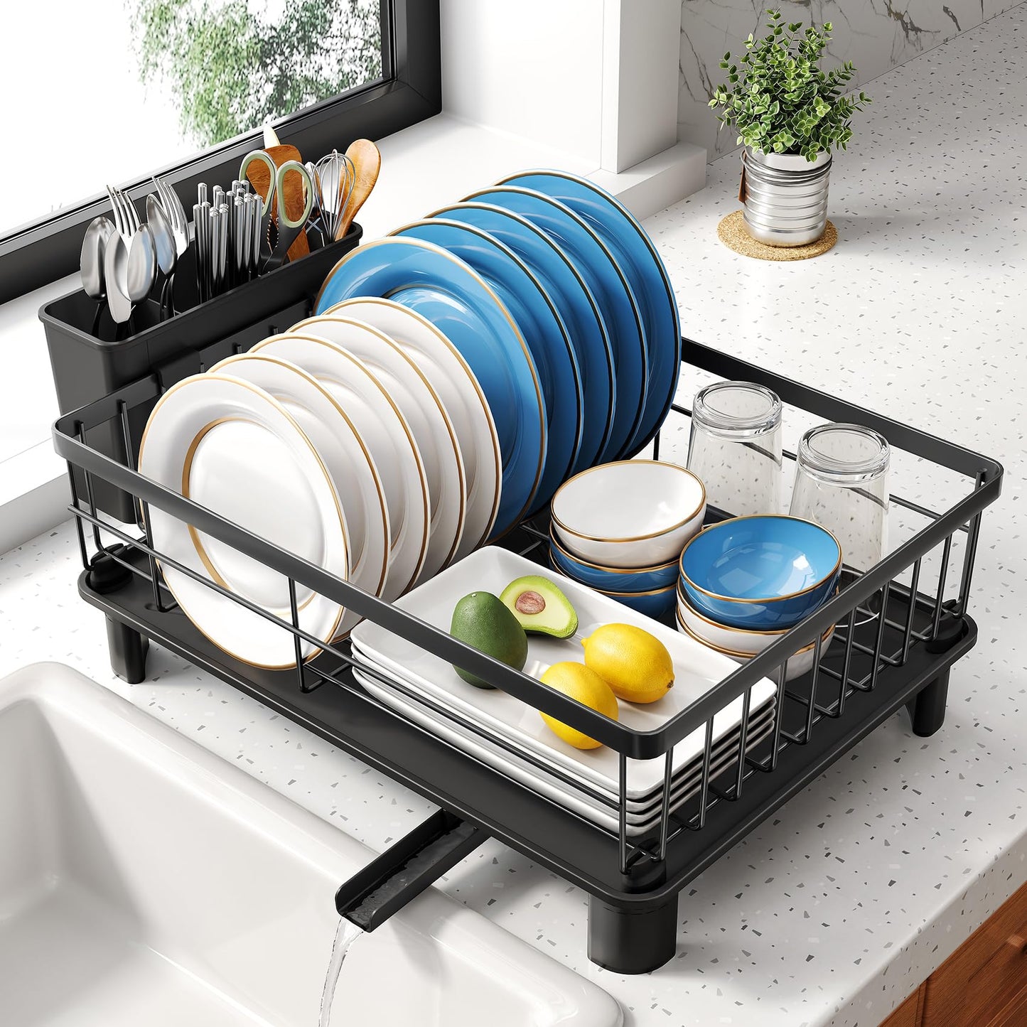 SNTD Dish Drying Rack for Small Kitchen Counter, 11" W x 15" L, Black